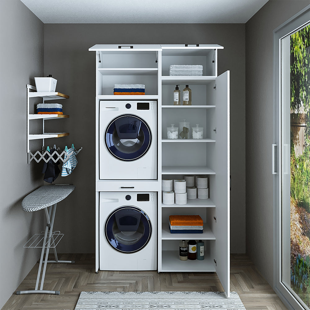 Sèche-linge mural Roomart sur lave-linge • 127 cm de large • Blanc • Chêne noir