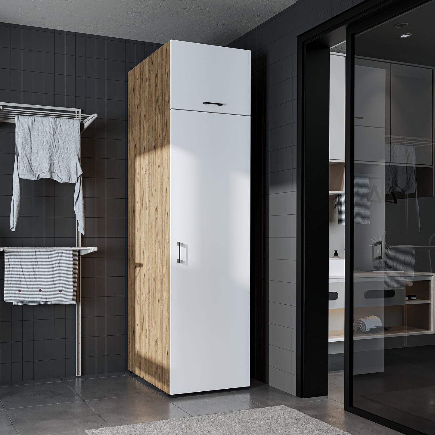 Roomart • DORA Hochschrank 60cm Breit • Weiß • Weiß Eiche • Eiche • Anthracit Eiche - waschmaschinenschrank, waschmaschinenregal, waschturm, schrank, weiß, waschmaschinen, unterschrank, waschmaschine, trockner, haushaltsschrank, schränke, badschrank, hoch