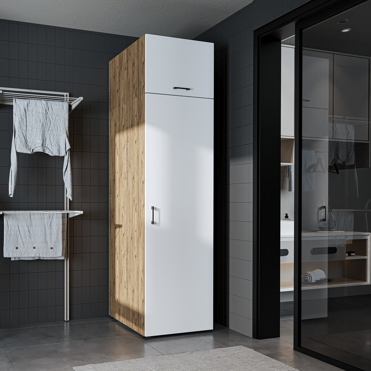 Roomart - DORA Armario Alto 60cm Ancho - Blanco - Roble Blanco - Roble Antracita - armario lavadora, estante lavadora, torre lavadora, armario, blanco, lavadoras, armario bajo, lavadora, secadora, armario hogar, armarios, armario baño, alto