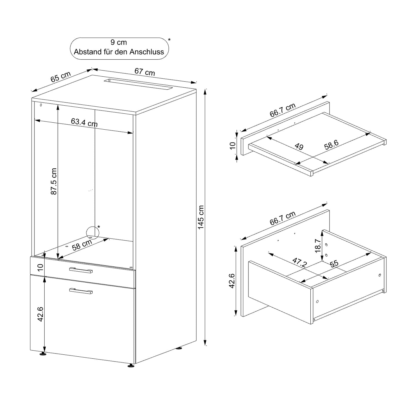 Roomart Waschmaschinenschrank mit Ausziehbrett & Schublade, in 3 Farben, HBT : 145x67x65 cm • Weiss • Schwarz Eiche