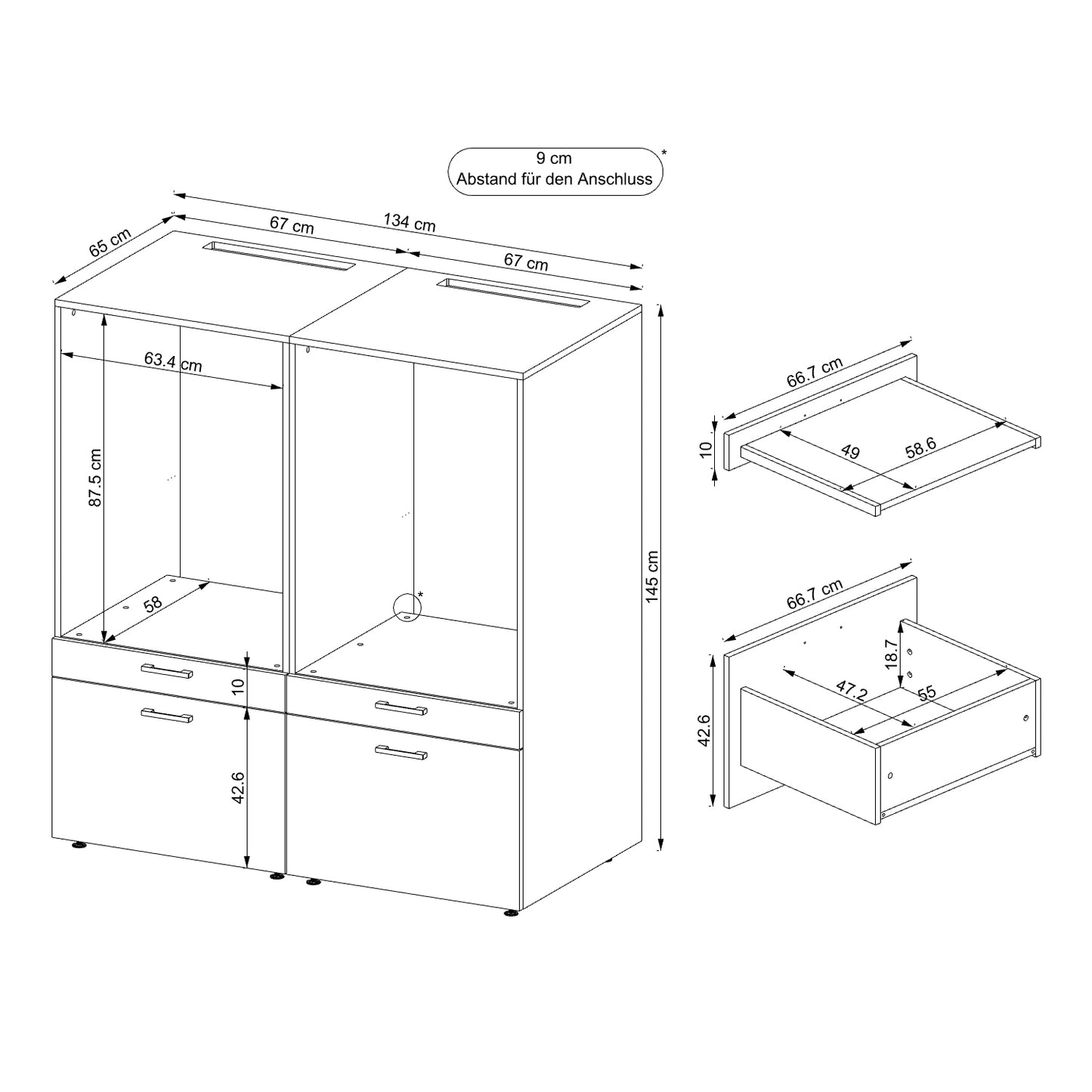 Roomart • Doppelschrank mit Ausziehplatte und Schublade • Waschturm in 3 Farben • HBT: 145 x 134 x 67 cm