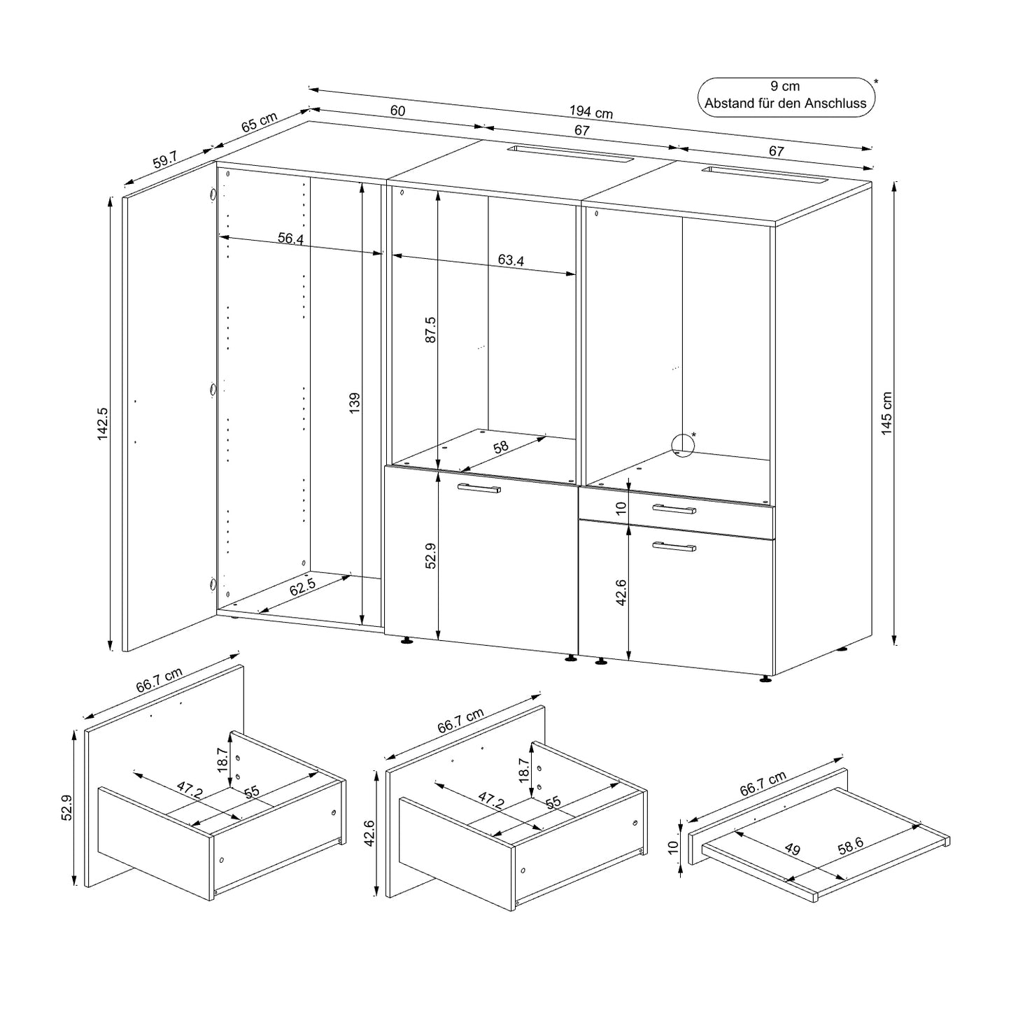 Roomart • Schrankwand für Hauswirtschaftsraum • Washturm Mit Schubladen und Ausziehbrett • Weiß • Schwarz Eiche - waschmaschinenschrank, washmaschinenschrank, wachmachinenschrank, waschmaschinenüberbau, waschmaschine trockner schrank, waschmaschine schran