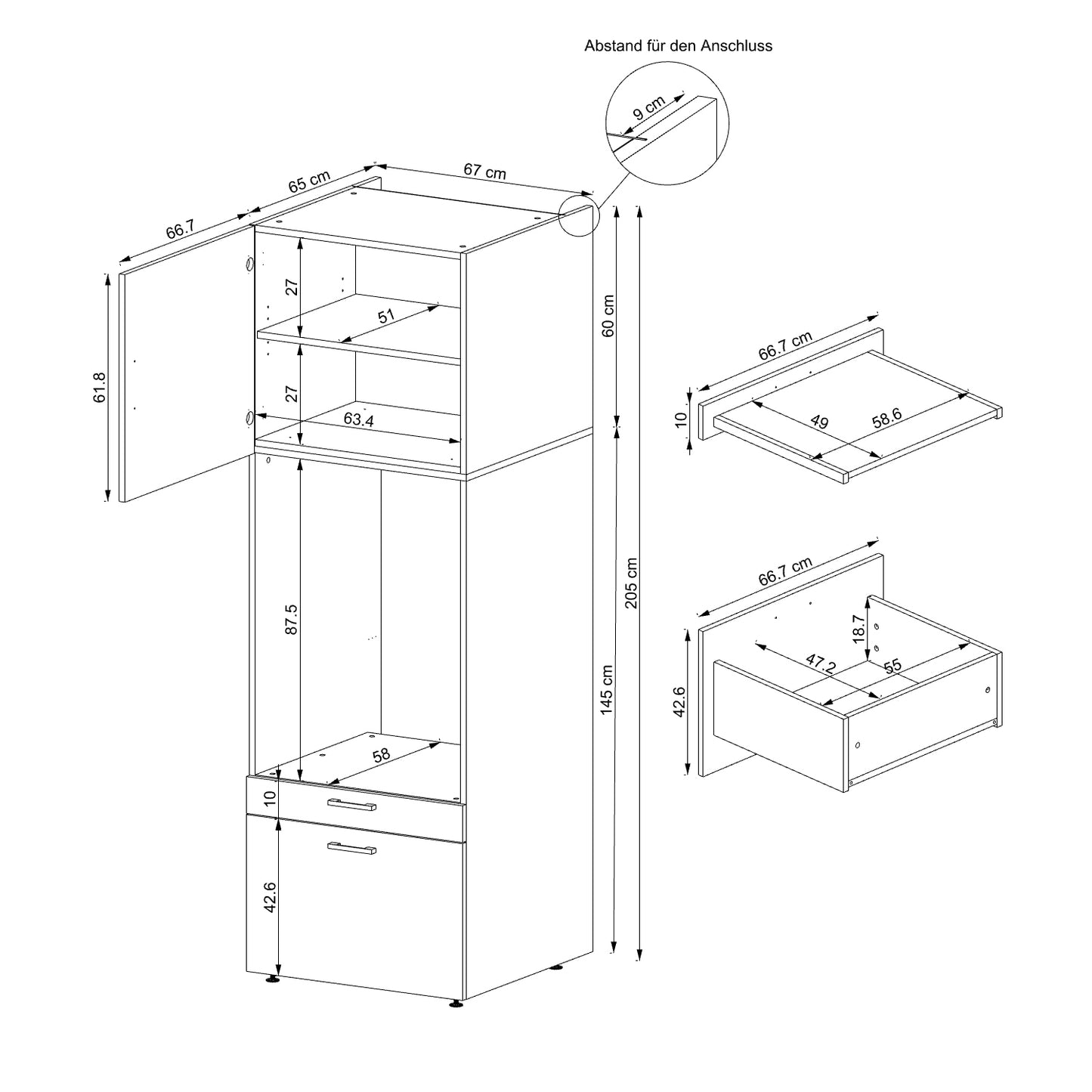 Roomart Waschmaschinenschrank mit Schrankaufsatz 62cm • HBT: 205x67x66,8 cm • Schublade & Ausziehbrett • Weiß • Schwarz eiche