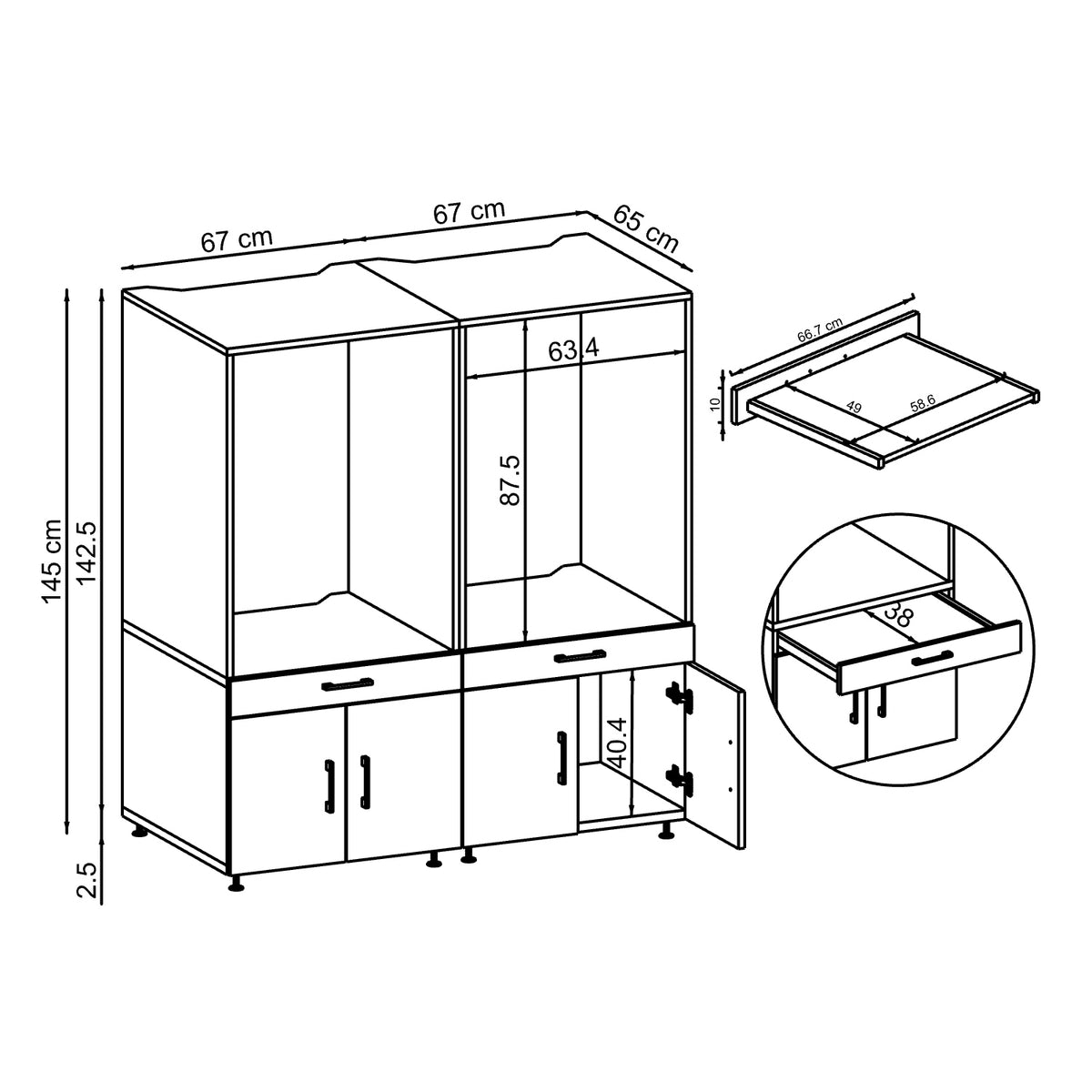 Maßzeichnung Waschmaschinenschrank SERIE 3, ca. 134 x 145 x 65 cm