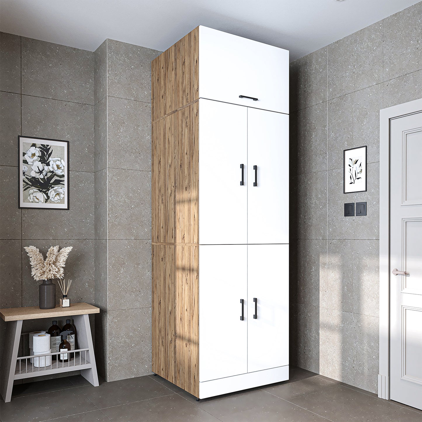 Roomart Waschmaschinenschrank " DORA " für Trockner & Waschmaschine, in 4 Farben, mit Türen & Ausziehbrett • Weiß • Weiß Eiche • Anthrazit Eiche • Eiche - waschmaschinenschrank, waschmaschinenregal, waschturm, schrank, weiß, waschmaschinen, unterschrank,