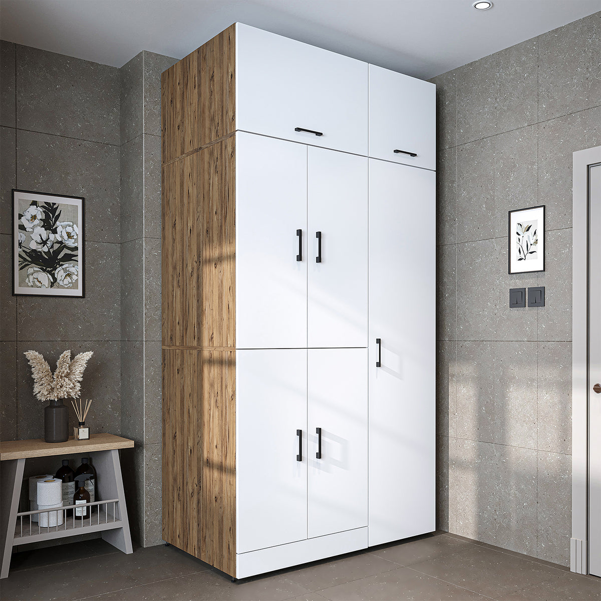 Armadio per lavatrice "DORA SET" per asciugatrice e lavatrice, larghezza 115 cm, in 4 colori, con ante e ripiano estraibile - bianco - rovere bianco - rovere antracite - rovere - armadio per lavatrice, scaffale per lavatrice, torre per lavatrice, armadio, bianco, lavatrice