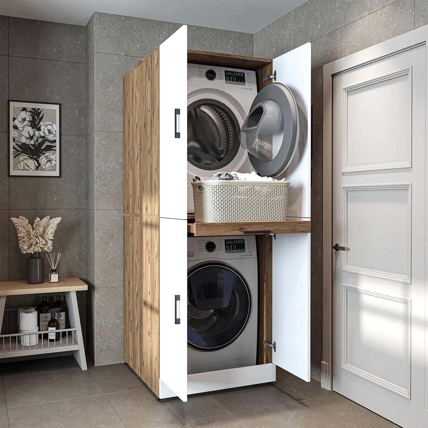 Roomart Waschmaschinenschrank " DORA " für Trockner & Waschmaschine, in 4 Farben, mit Türen & Ausziehbrett • Weiß • Weiß Eiche • Anthrazit Eiche • Eiche - waschmaschinenschrank, waschmaschinenregal, waschturm, schrank, weiß, waschmaschinen, unterschrank,