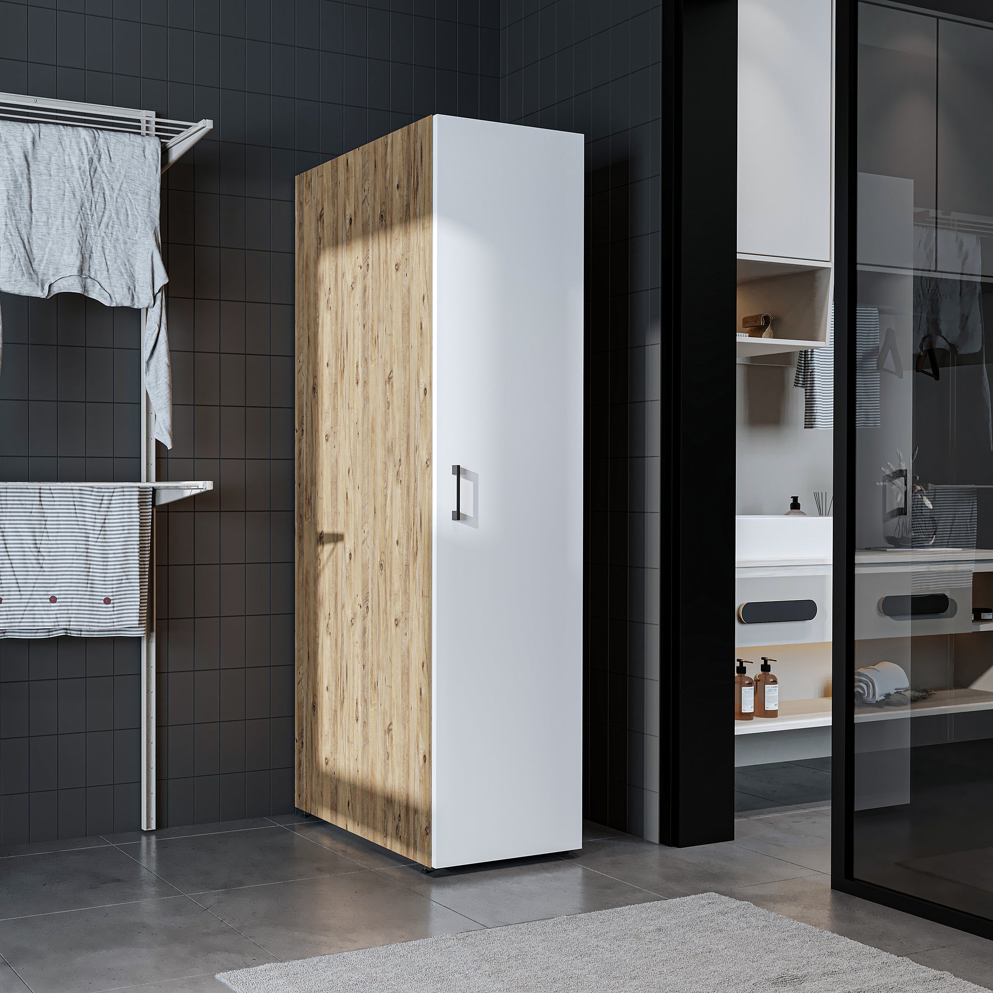 Roomart - DORA Armario alto 45cm ancho - Blanco - Roble blanco - Roble - Roble antracita - armario lavadora, estante lavadora, torre lavadora, armario, blanco, lavadoras, armario bajo, lavadora, secadora, armario hogar, armarios, armario baño, alto