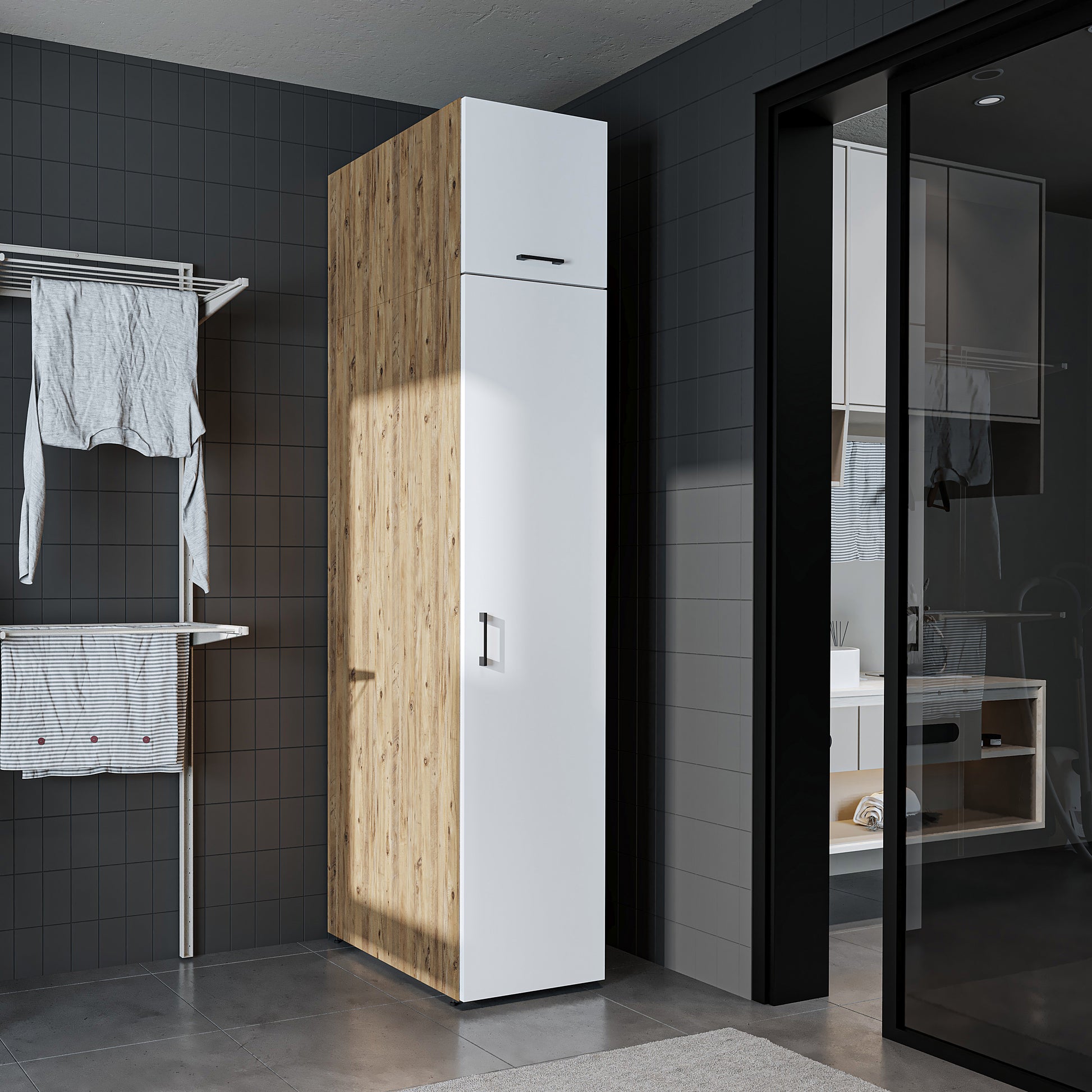 Roomart - DORA Armario alto 45cm ancho - Blanco - Roble blanco - Roble - Roble antracita - armario lavadora, estante lavadora, torre lavadora, armario, blanco, lavadoras, armario bajo, lavadora, secadora, armario hogar, armarios, armario baño, alto