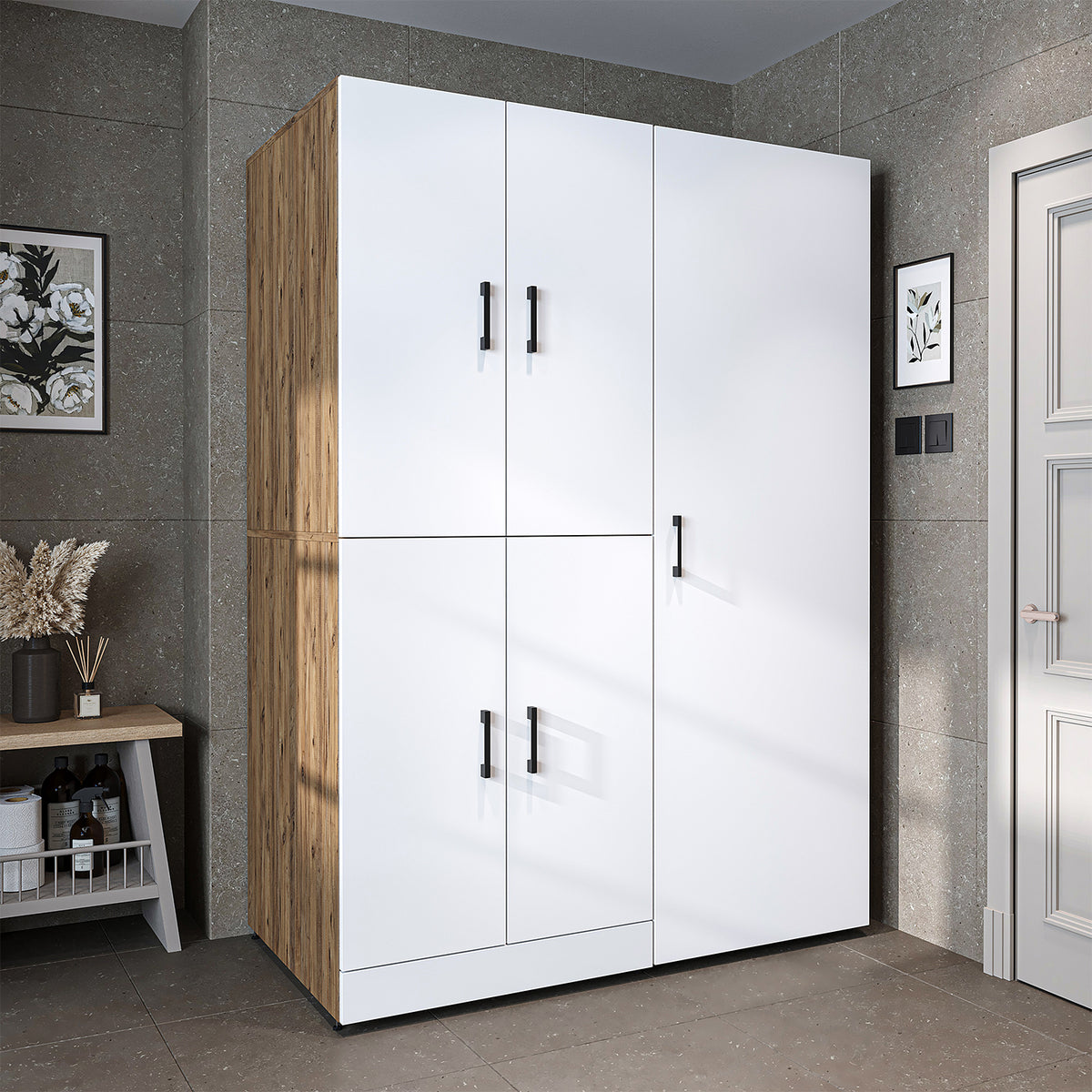 Armadio per lavatrice "DORA SET" per asciugatrice e lavatrice, larghezza 130 cm, in 4 colori, con ante e ripiano estraibile - bianco - rovere bianco - rovere antracite - rovere - armadio per lavatrice, scaffale per lavatrice, torre per lavatrice, armadio, bianco, lavatrice