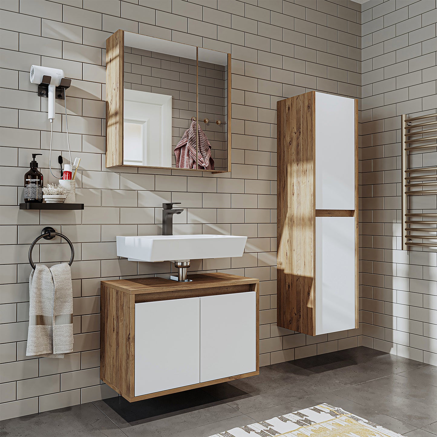 Roomart juego de muebles de baño MELONA 3 piezas, en 4 colores, mueble lavabo 65cm - mueble con espejo - mueble alto- muebles de baño, juego, lavabo, lavabo, baño, muebles, muebles de baño, baño, mueble lavabo, cm, ancho, moderno, lavabo, profundo, con, mueble lavabo