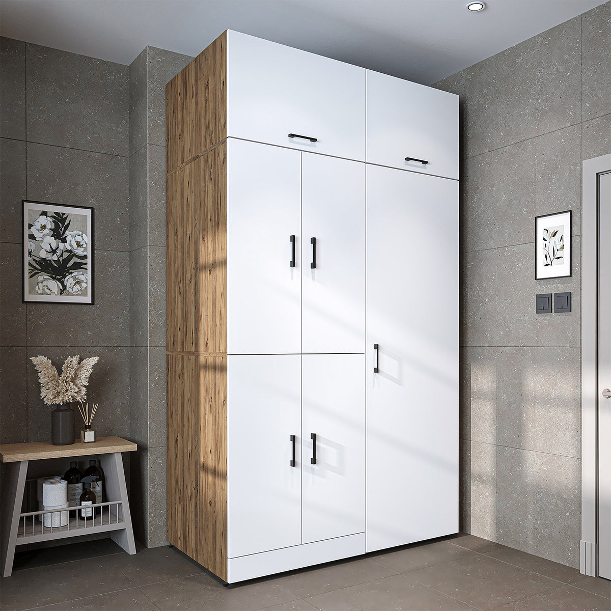 Armadio per lavatrice "DORA SET" per asciugatrice e lavatrice, larghezza 130 cm, in 4 colori, con ante e ripiano estraibile - bianco - rovere bianco - rovere antracite - rovere - armadio per lavatrice, scaffale per lavatrice, torre per lavatrice, armadio, bianco, lavatrice