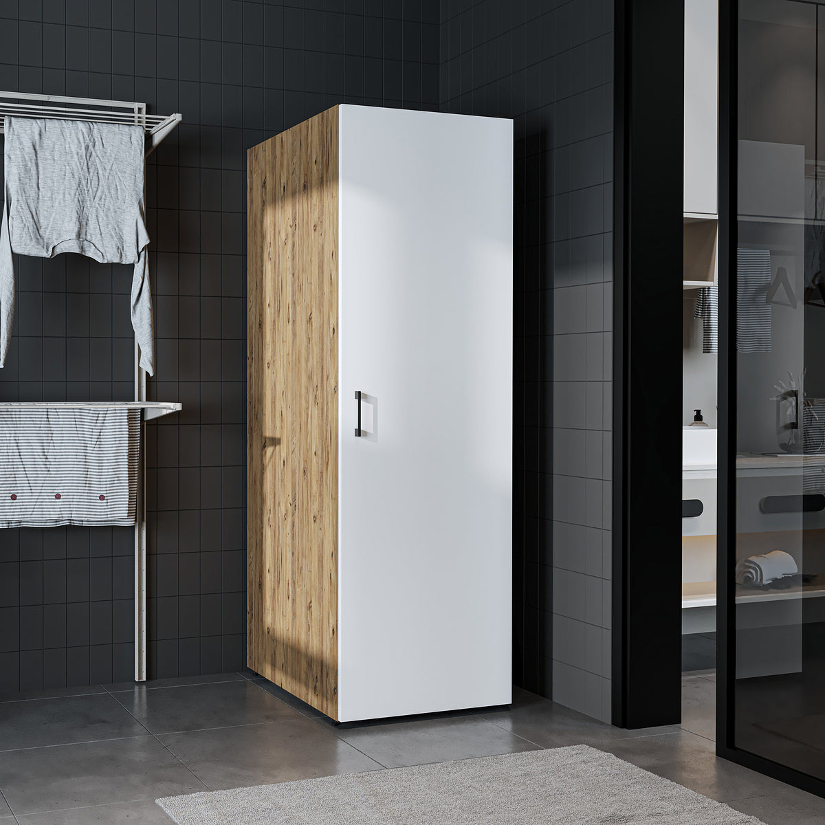 Roomart - DORA Armario Alto 60cm Ancho - Blanco - Roble Blanco - Roble Antracita - armario lavadora, estante lavadora, torre lavadora, armario, blanco, lavadoras, armario bajo, lavadora, secadora, armario hogar, armarios, armario baño, alto