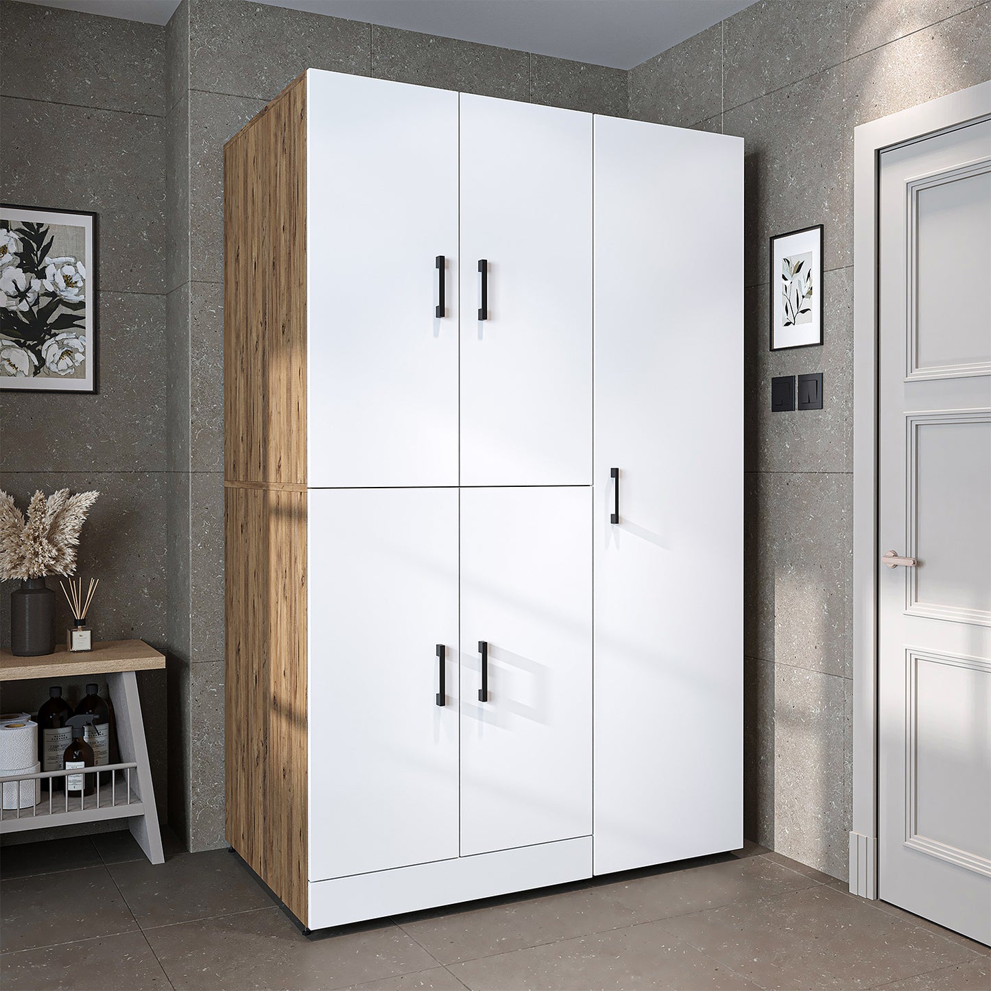 Roomart Waschmaschinenschrank " DORA SET" für Trockner & Waschmaschine, 115 cm breit, in 4 Farben, mit Türen & Ausziehbrett • Weiß • Weiß Eiche • Anthrazit Eiche • Eiche - waschmaschinenschrank, waschmaschinenregal, waschturm, schrank, weiß, waschmaschine