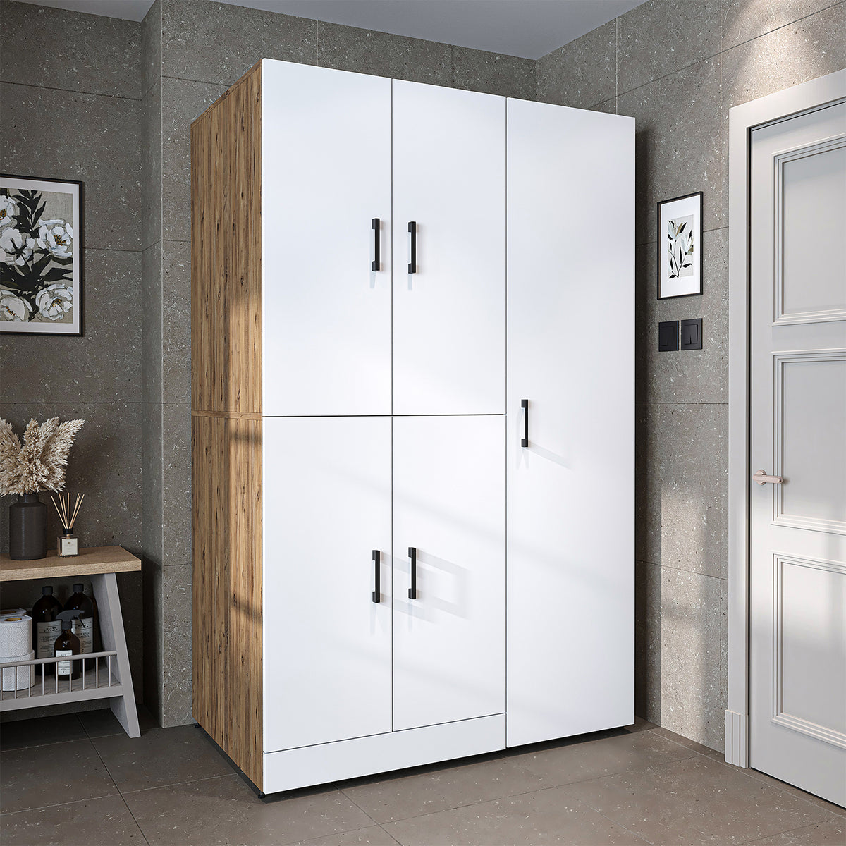 Armadio per lavatrice "DORA SET" per asciugatrice e lavatrice, larghezza 115 cm, in 4 colori, con ante e ripiano estraibile - bianco - rovere bianco - rovere antracite - rovere - armadio per lavatrice, scaffale per lavatrice, torre per lavatrice, armadio, bianco, lavatrice