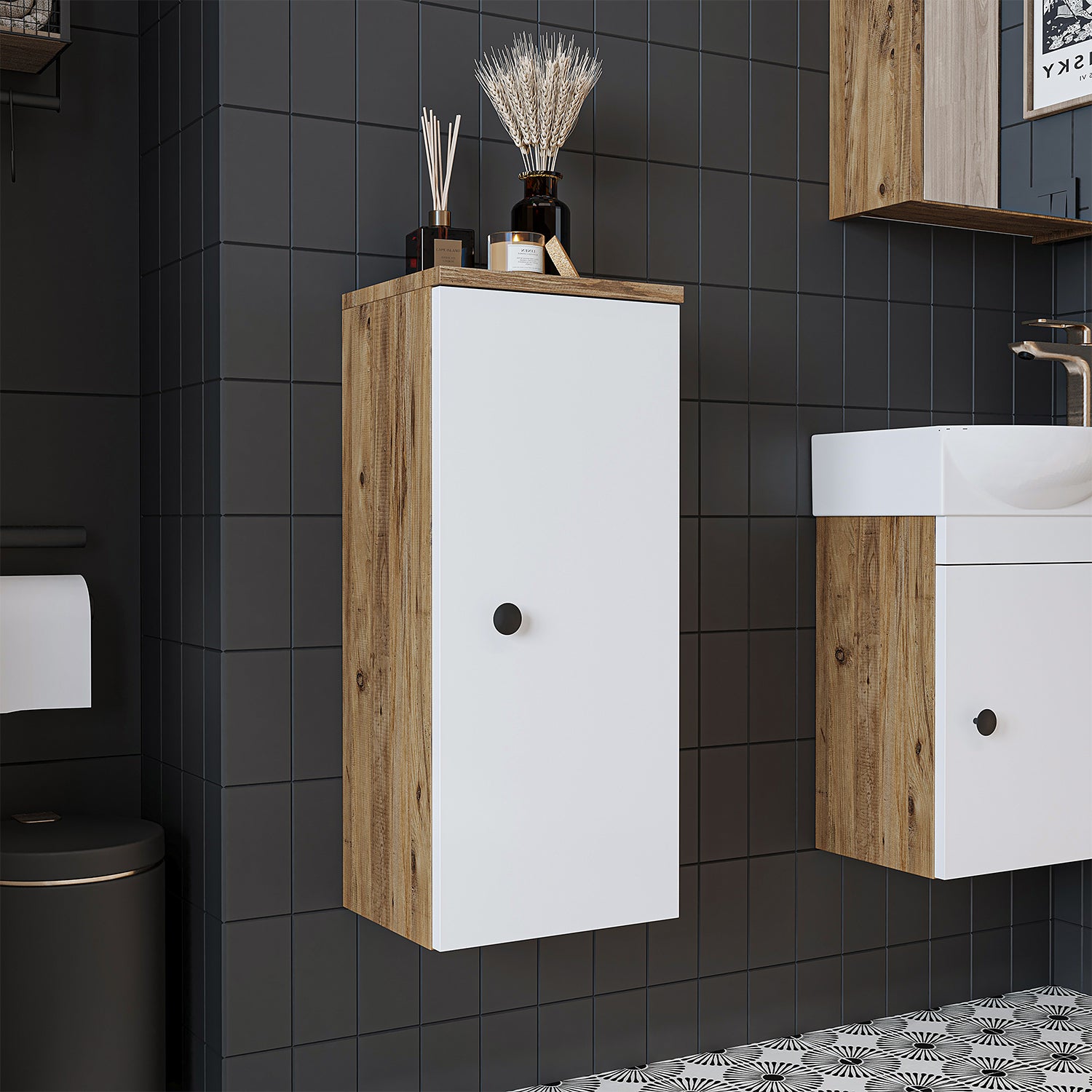 Roomart armario lateral "Punto" - moderno, compacto armario de pared para baño de 70 cm con cierre suave - en blanco, roble blanco, roble o roble antracita - armario de pared, pared, armario alto, armario alto blanco, 60 cm de ancho, cocina, lavadero, salón, estrecho, 40 cm de ancho