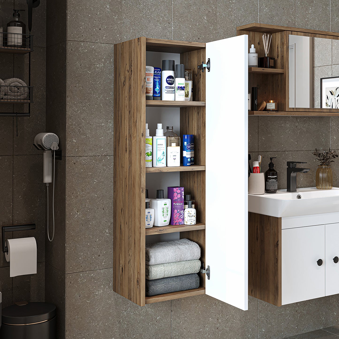 Roomart Seitenschrank „ADA“ – moderner 110 cm Bad-Hängeschrank mit Softclose – in Weiß, Eiche, Anthrazit oder Schwarz - Hängeschrank, wand,  hochschrank, hochschrank weiß, 60 cm breit, küche, waschküche, wohnzimmer, schmal, 40 cm breit landhausstil, stang