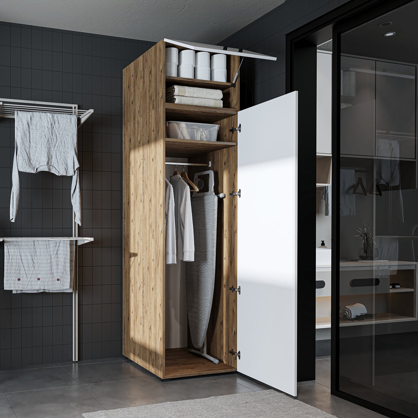 Roomart • DORA Hochschrank 60cm Breit • Weiß • Weiß Eiche • Eiche • Anthracit Eiche - waschmaschinenschrank, waschmaschinenregal, waschturm, schrank, weiß, waschmaschinen, unterschrank, waschmaschine, trockner, haushaltsschrank, schränke, badschrank, hoch