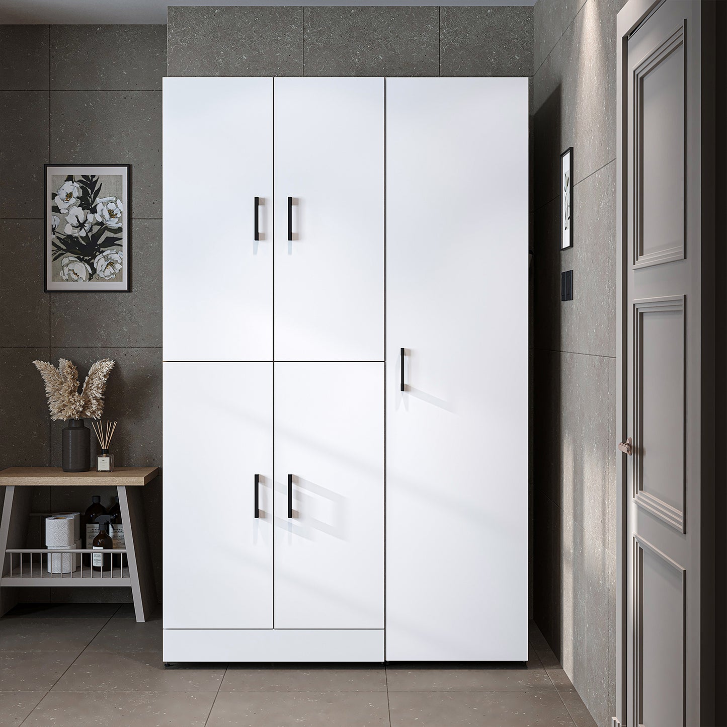 Roomart Waschmaschinenschrank " DORA SET" für Trockner & Waschmaschine, 115 cm breit, in 4 Farben, mit Türen & Ausziehbrett • Weiß • Weiß Eiche • Anthrazit Eiche • Eiche - waschmaschinenschrank, waschmaschinenregal, waschturm, schrank, weiß, waschmaschine