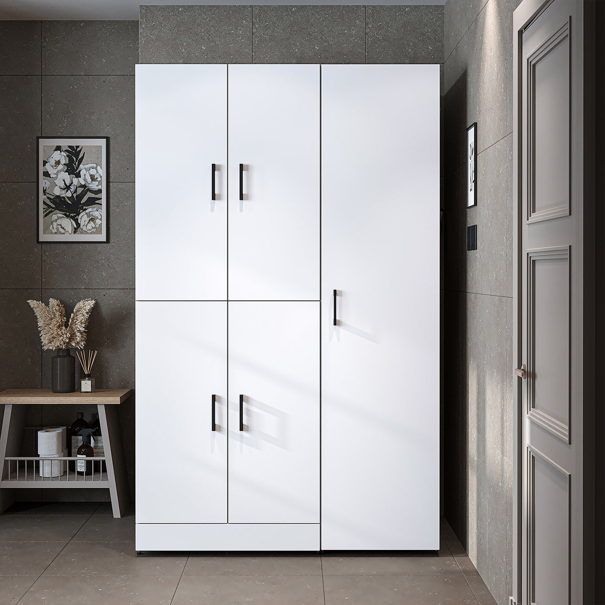 Armadio per lavatrice "DORA SET" per asciugatrice e lavatrice, larghezza 115 cm, in 4 colori, con ante e ripiano estraibile - bianco - rovere bianco - rovere antracite - rovere - armadio per lavatrice, scaffale per lavatrice, torre per lavatrice, armadio, bianco, lavatrice