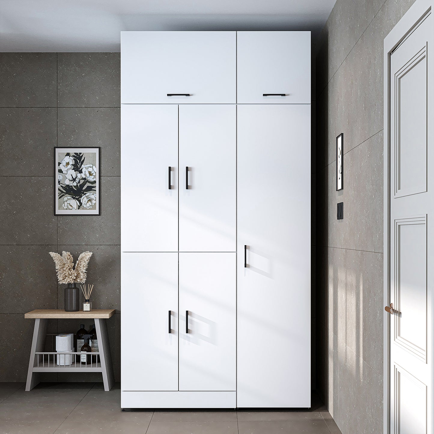 Roomart Waschmaschinenschrank " DORA SET" für Trockner & Waschmaschine, 115 cm breit, in 4 Farben, mit Türen & Ausziehbrett • Weiß • Weiß Eiche • Anthrazit Eiche • Eiche - waschmaschinenschrank, waschmaschinenregal, waschturm, schrank, weiß, waschmaschine