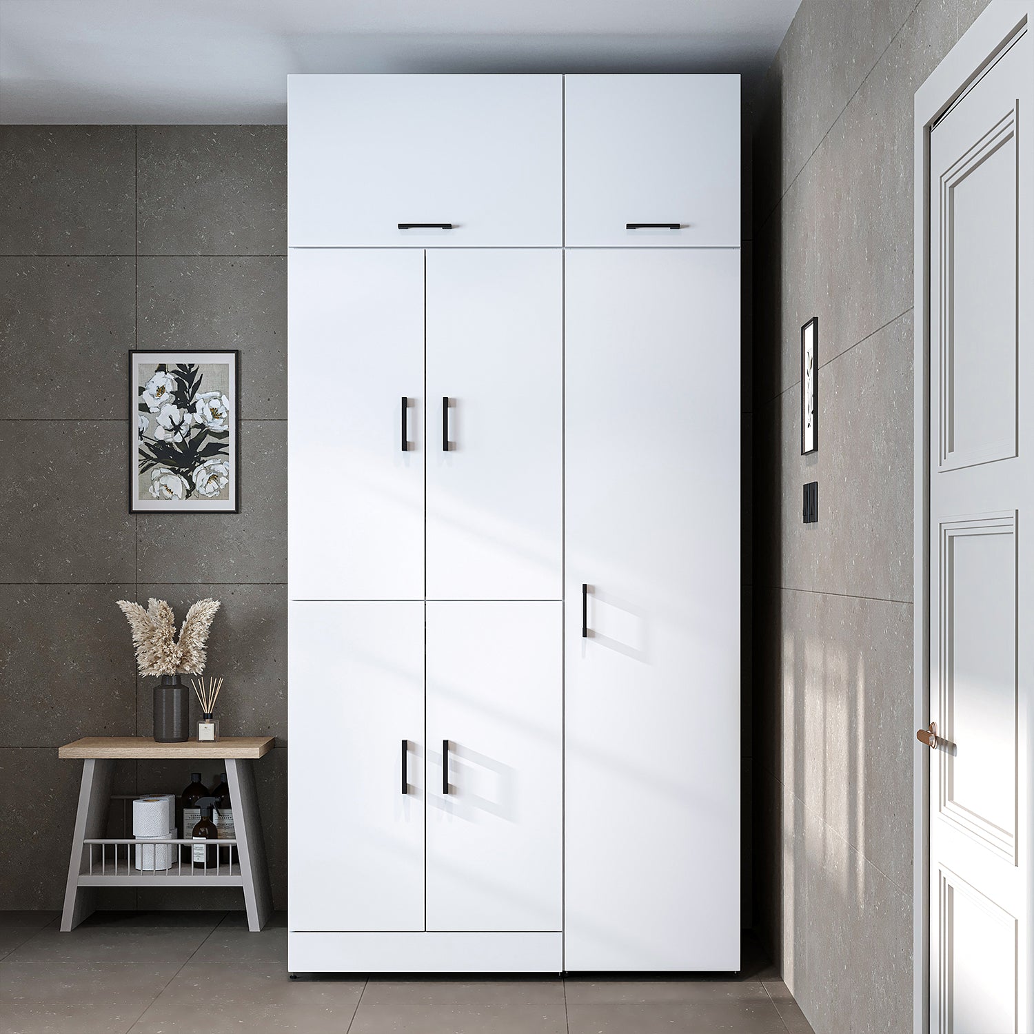 Roomart washing machine cabinet " DORA SET" for dryer & washing machine, 115 cm wide, in 4 colors, with doors & pull-out shelf - white - white oak - anthracite oak - oak - washing machine cabinet, washing machine shelf, washing tower, cabinet, white, washing machine