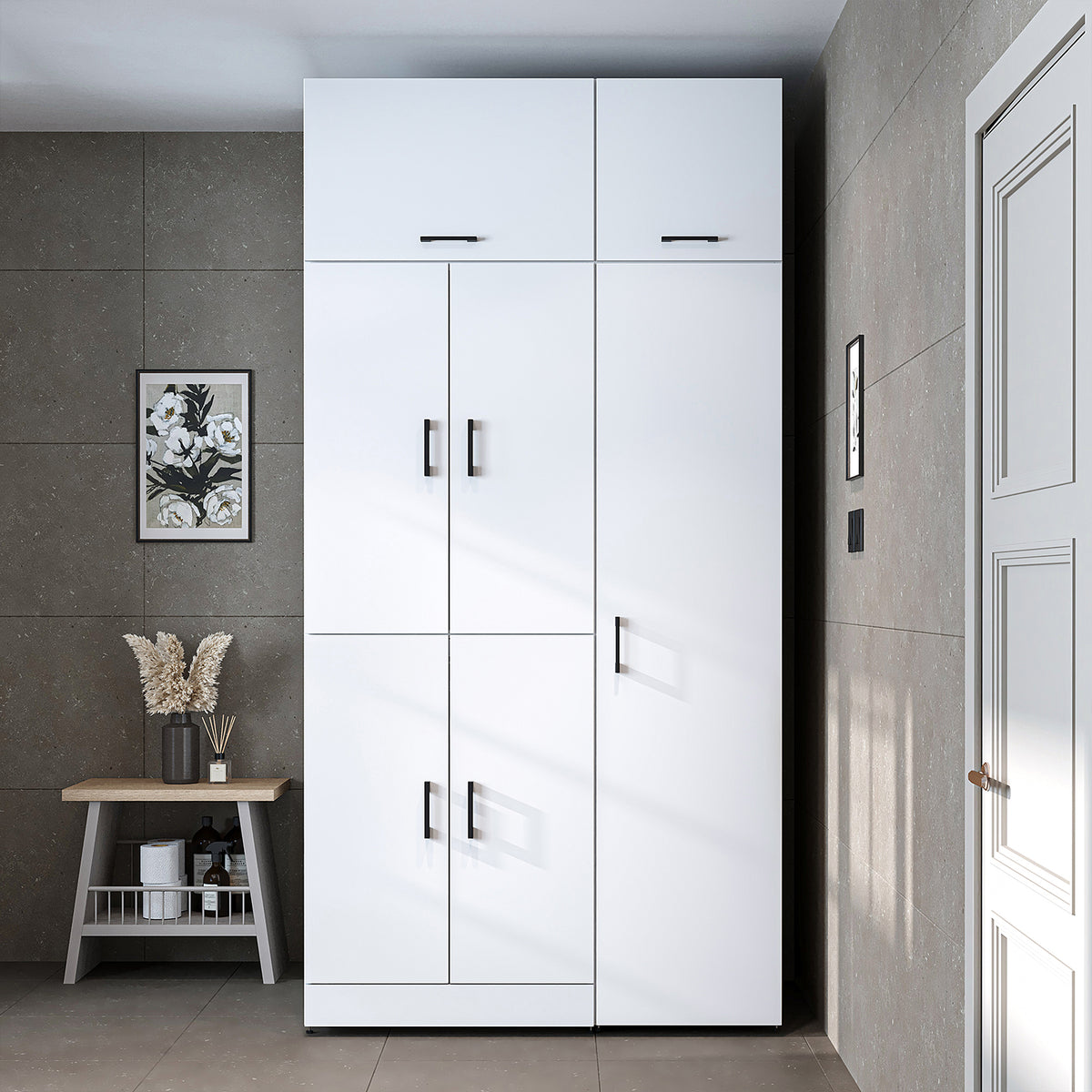 Armadio per lavatrice "DORA SET" per asciugatrice e lavatrice, larghezza 115 cm, in 4 colori, con ante e ripiano estraibile - bianco - rovere bianco - rovere antracite - rovere - armadio per lavatrice, scaffale per lavatrice, torre per lavatrice, armadio, bianco, lavatrice
