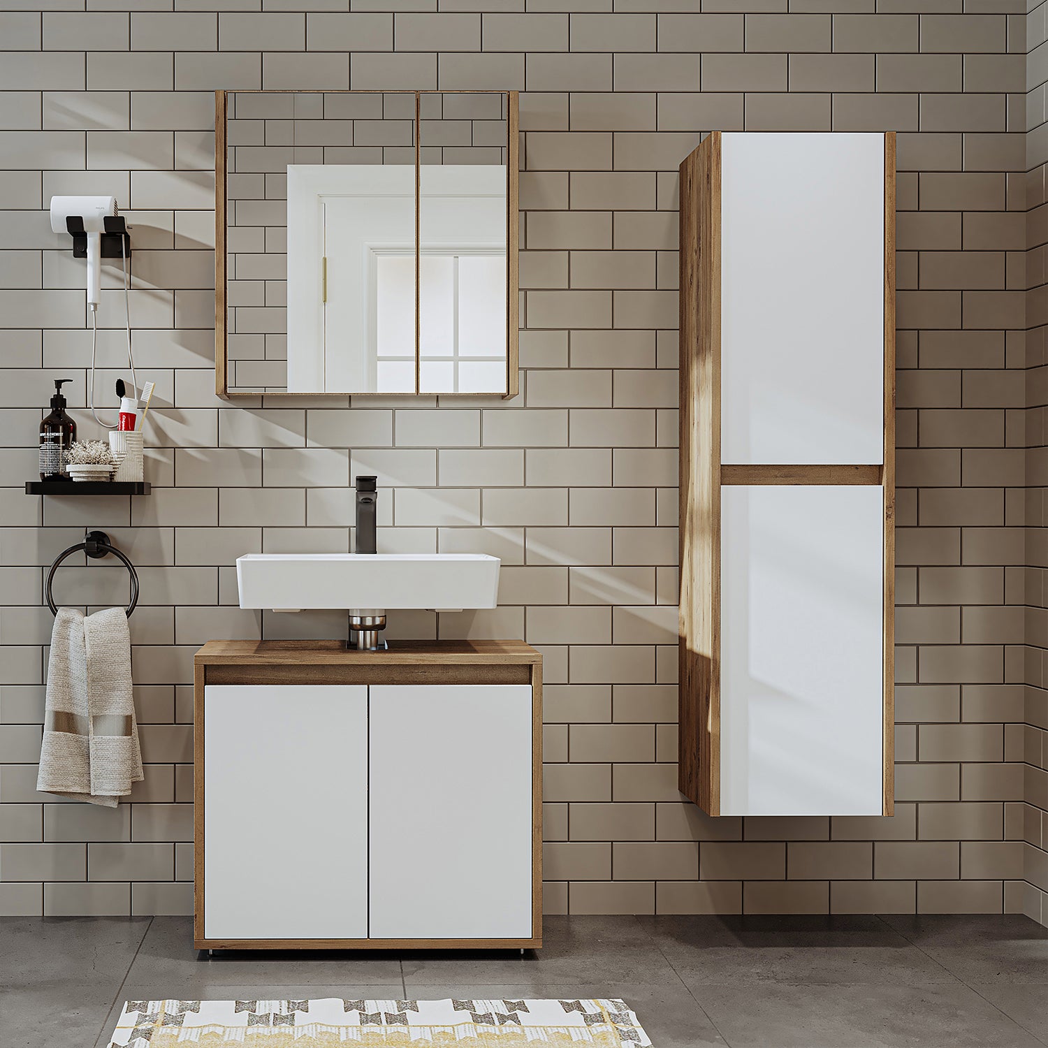 Roomart Badmöbel Set MELONA 3-teilig, in 4 Farben, 65cm Unterschrank • Spiegelschrank • Hochschrank-badezimmerschrank, waschbecken, badezimmermöbel, badschrank, badezimmer, mit, unterschrank, badmöbel, set, waschtisch, möbel, badezimmermãbel, bad, badezim