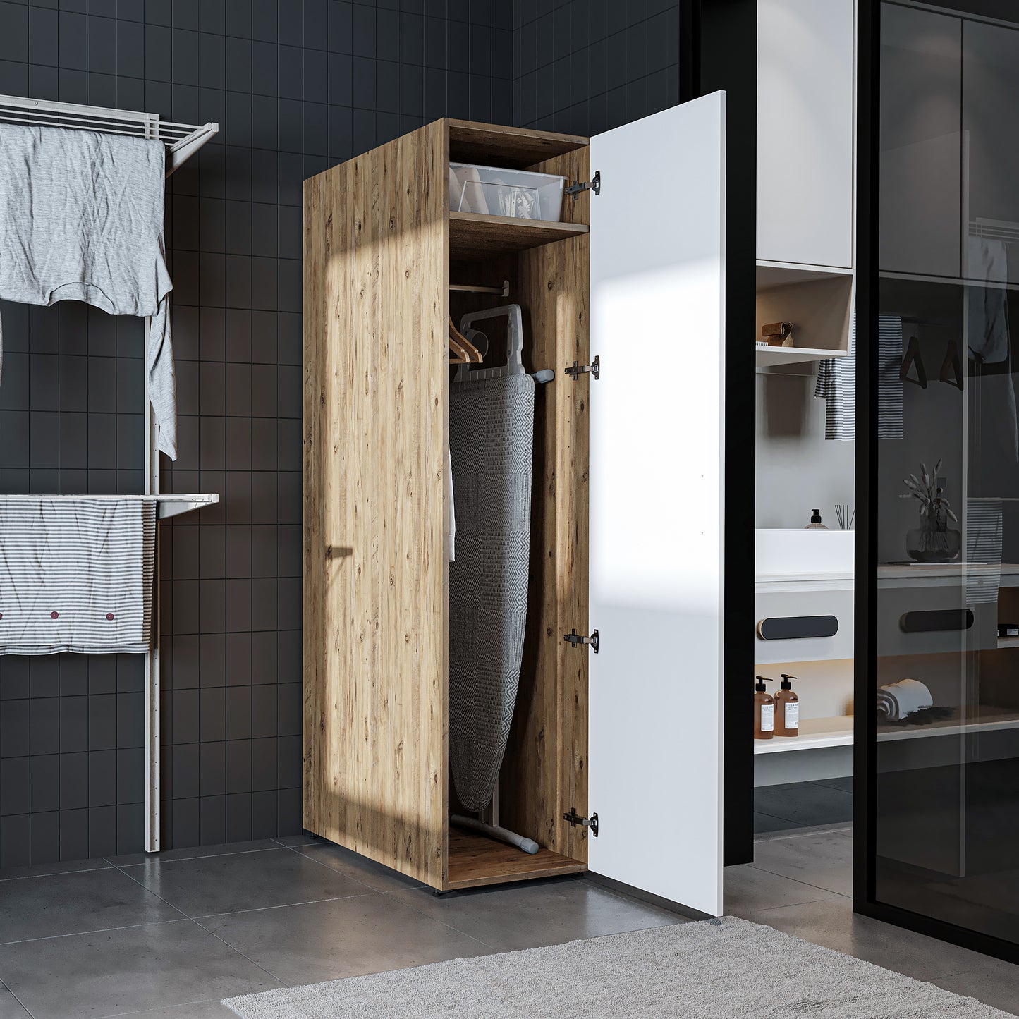 Roomart - DORA Armario alto 45cm ancho - Blanco - Roble blanco - Roble - Roble antracita - armario lavadora, estante lavadora, torre lavadora, armario, blanco, lavadoras, armario bajo, lavadora, secadora, armario hogar, armarios, armario baño, alto