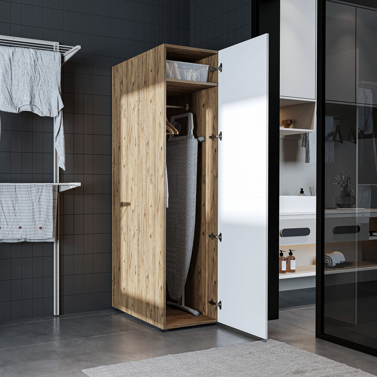 Roomart - DORA Armario alto 45cm ancho - Blanco - Roble blanco - Roble - Roble antracita - armario lavadora, estante lavadora, torre lavadora, armario, blanco, lavadoras, armario bajo, lavadora, secadora, armario hogar, armarios, armario baño, alto