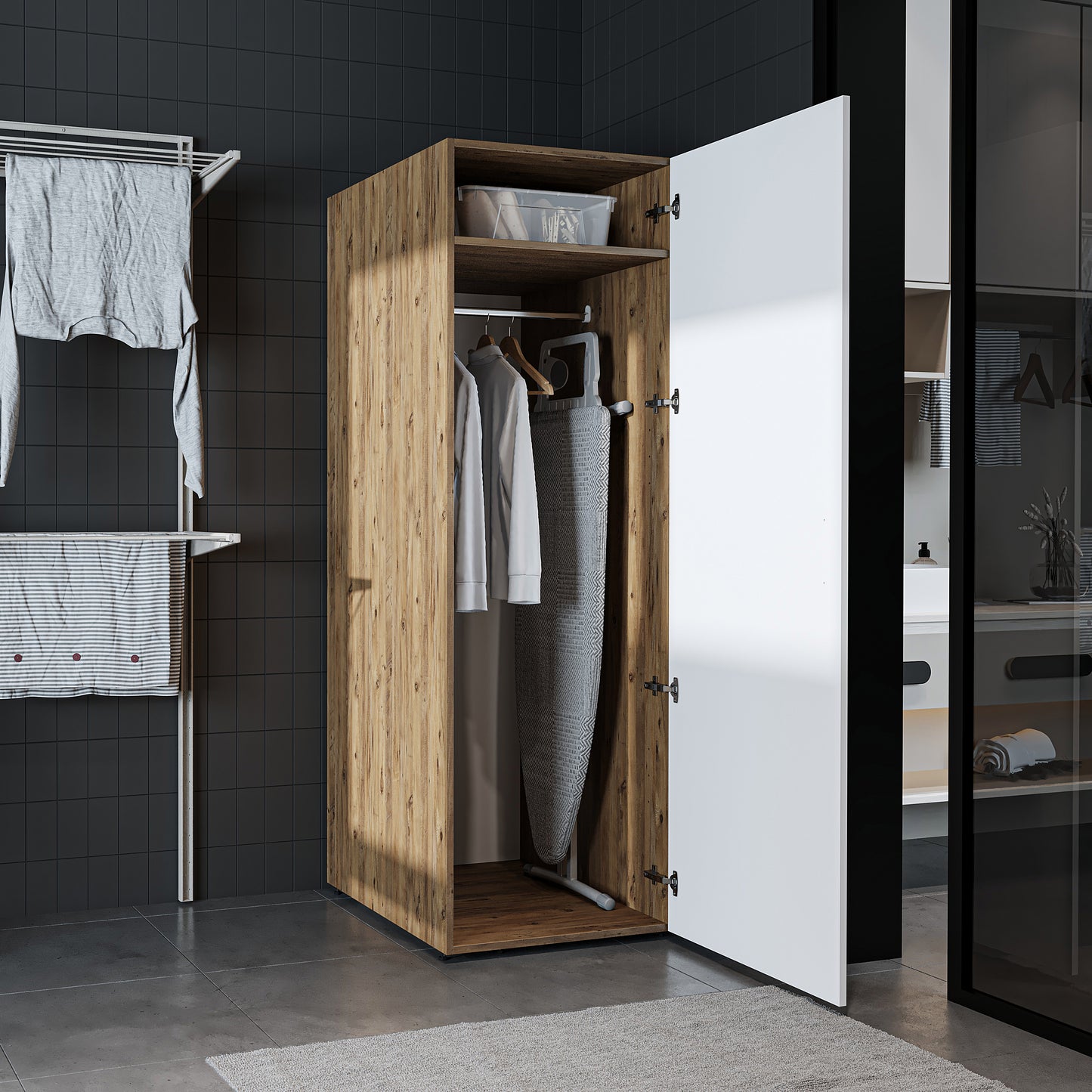 Roomart • DORA Hochschrank 60cm Breit • Weiß • Weiß Eiche • Eiche • Anthracit Eiche - waschmaschinenschrank, waschmaschinenregal, waschturm, schrank, weiß, waschmaschinen, unterschrank, waschmaschine, trockner, haushaltsschrank, schränke, badschrank, hoch