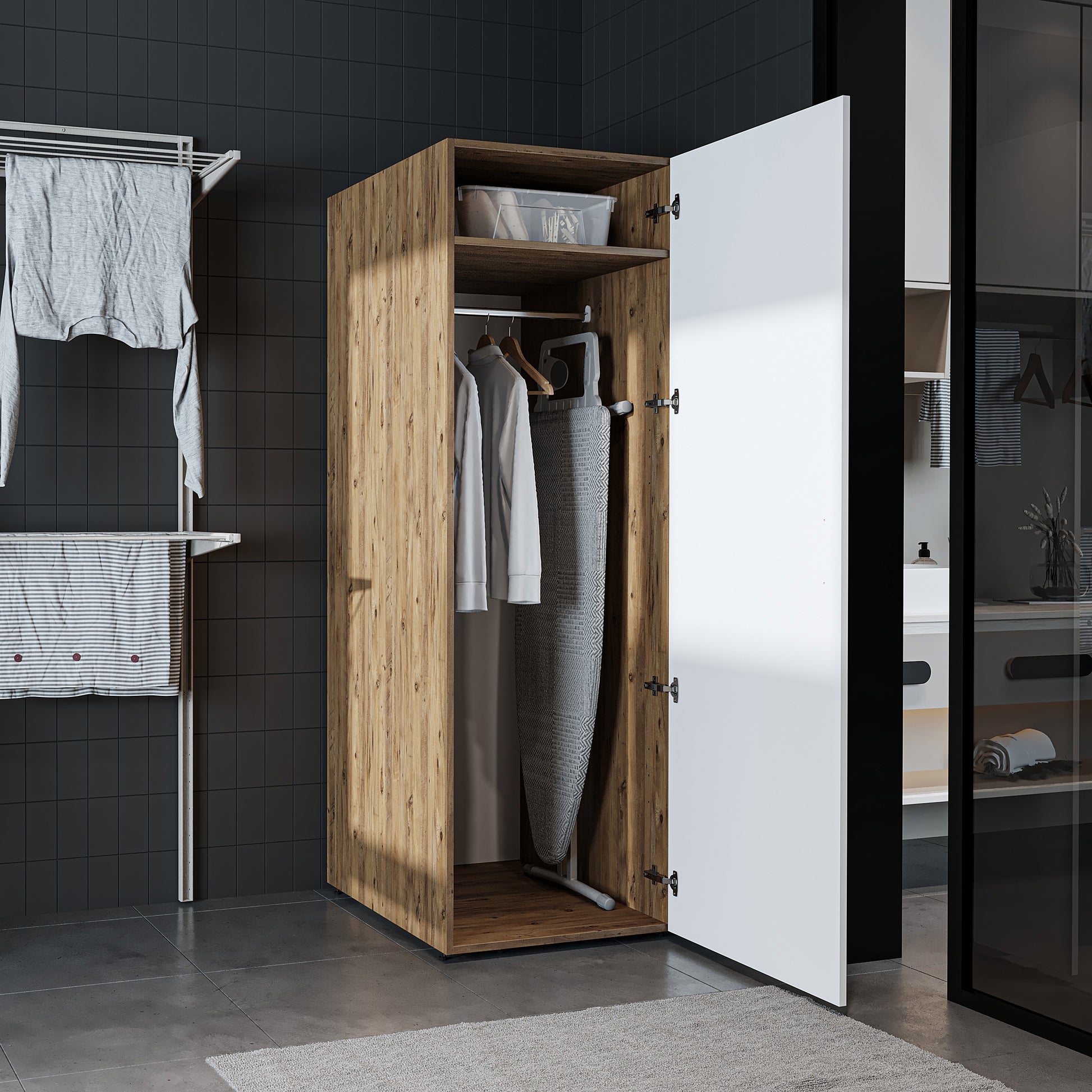 Roomart - DORA Armario Alto 60cm Ancho - Blanco - Roble Blanco - Roble Antracita - armario lavadora, estante lavadora, torre lavadora, armario, blanco, lavadoras, armario bajo, lavadora, secadora, armario hogar, armarios, armario baño, alto