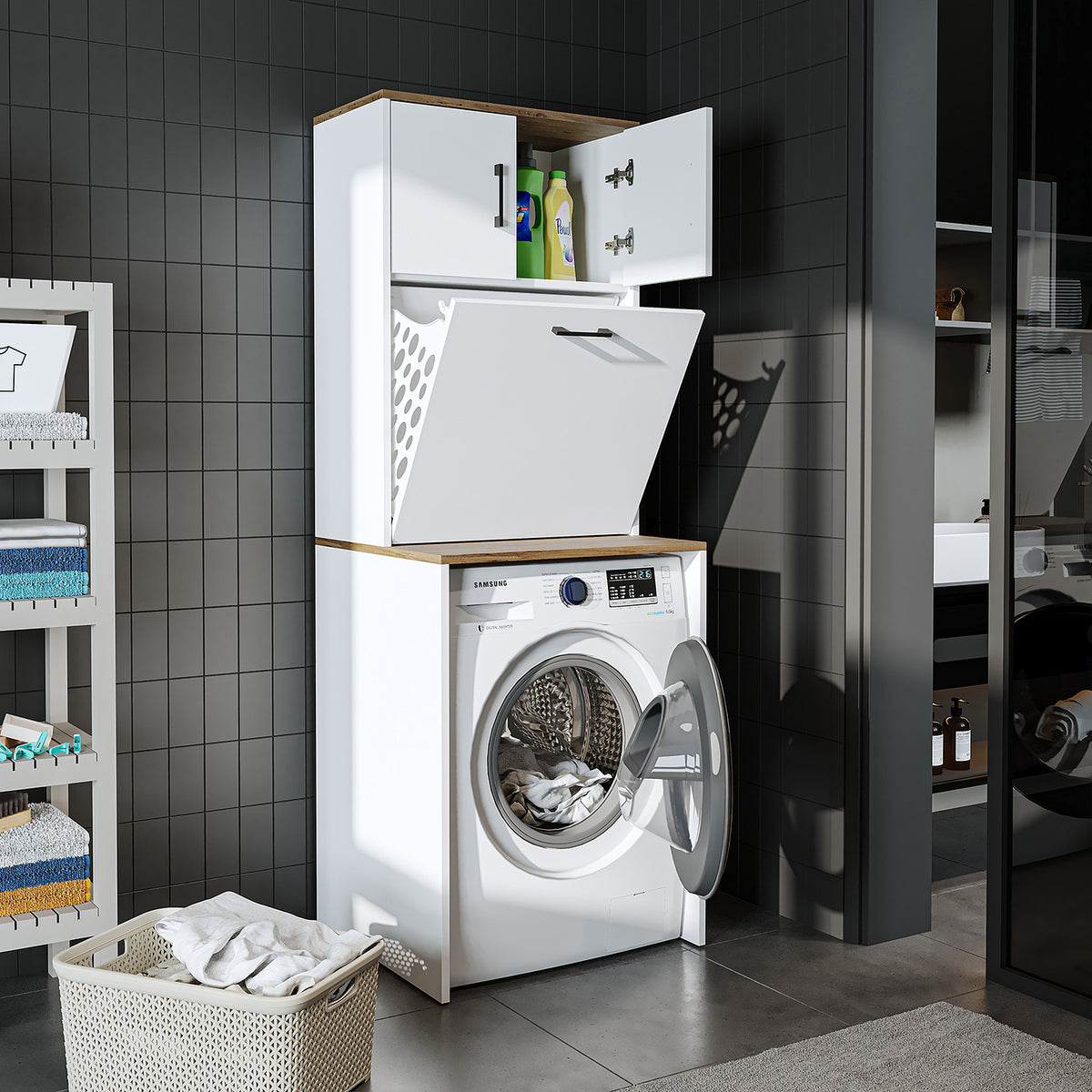 Roomart, washing machine cabinet LUNA, washing machine superstructure with laundry basket, WDH: 65 X 181 X 65 cm, in white, oak, anthracite oak, oak - washing machine cabinet, washing machine shelf, washing tower, cabinet, white, washing machines, base cabinet, washing machine, t