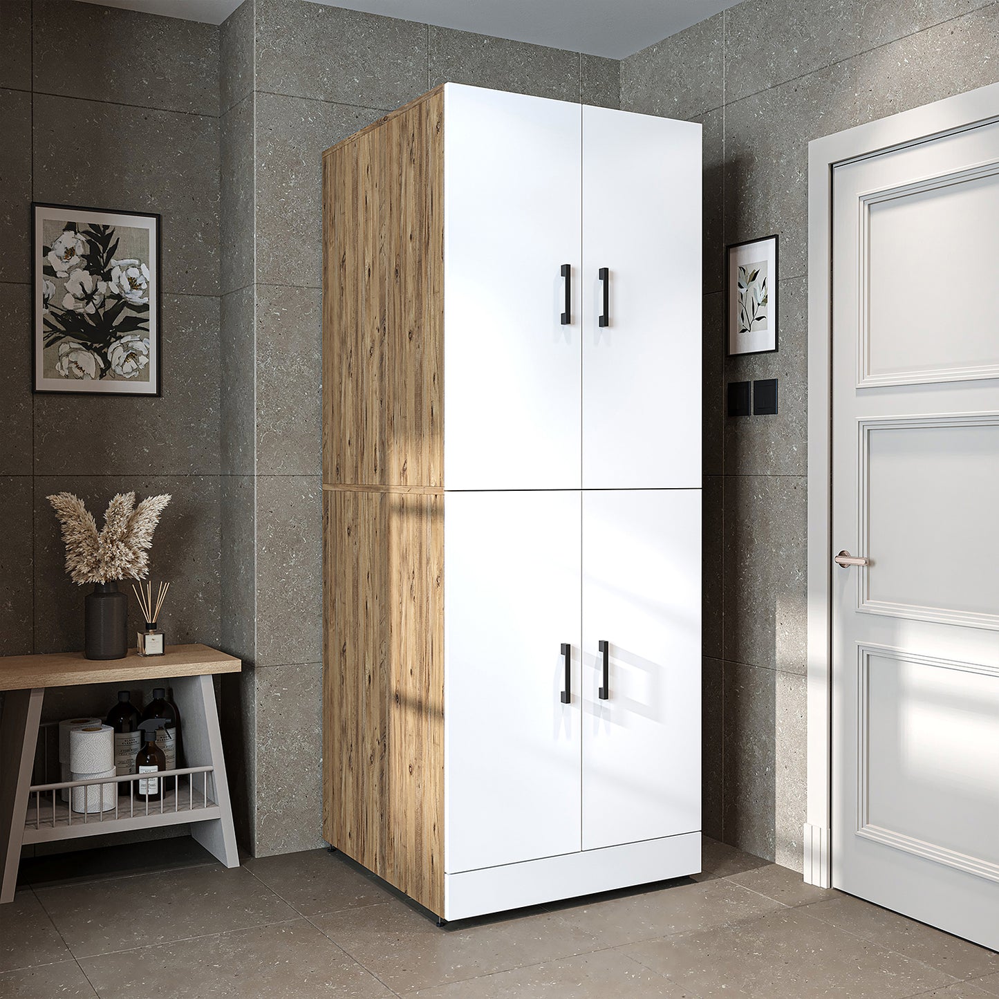 Roomart Waschmaschinenschrank " DORA " für Trockner & Waschmaschine, in 4 Farben, mit Türen & Ausziehbrett • Weiß • Weiß Eiche • Anthrazit Eiche • Eiche - waschmaschinenschrank, waschmaschinenregal, waschturm, schrank, weiß, waschmaschinen, unterschrank,