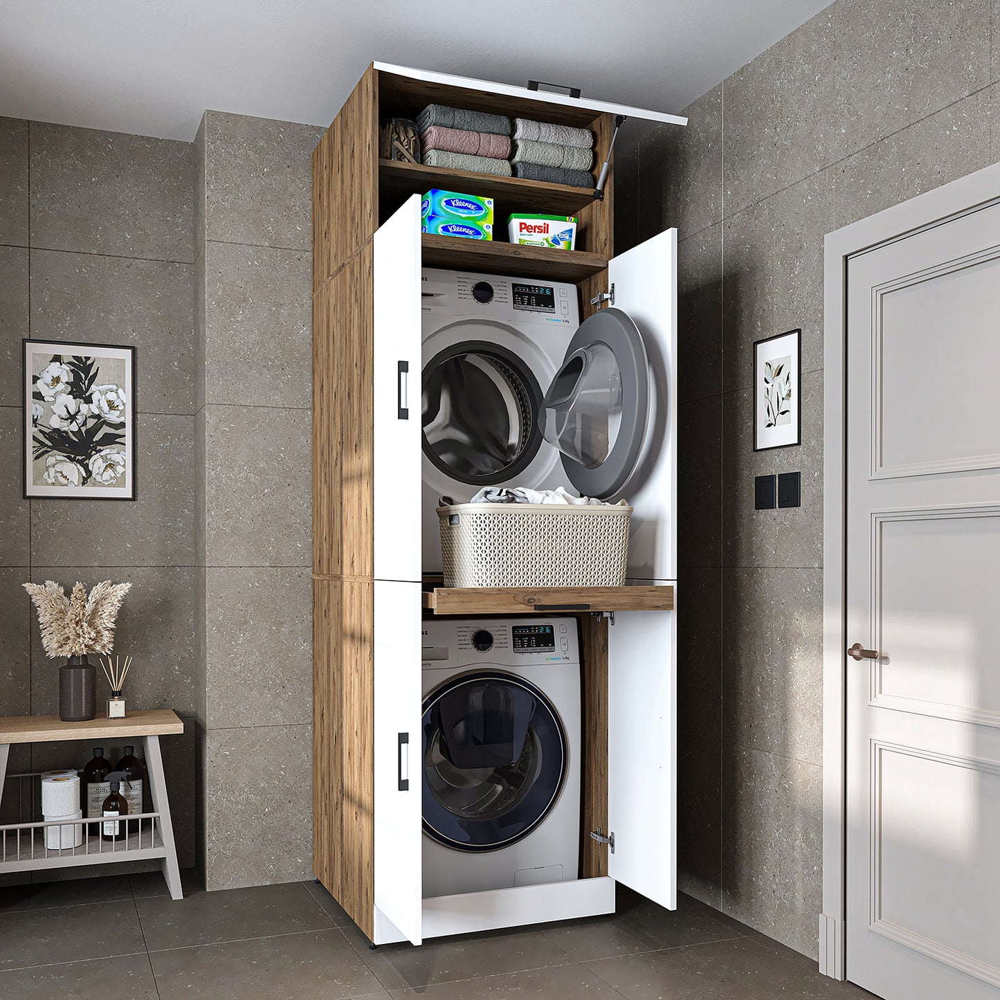 Roomart Waschmaschinenschrank " DORA " für Trockner & Waschmaschine, in 4 Farben, mit Türen & Ausziehbrett • Weiß • Weiß Eiche • Anthrazit Eiche • Eiche - waschmaschinenschrank, waschmaschinenregal, waschturm, schrank, weiß, waschmaschinen, unterschrank,