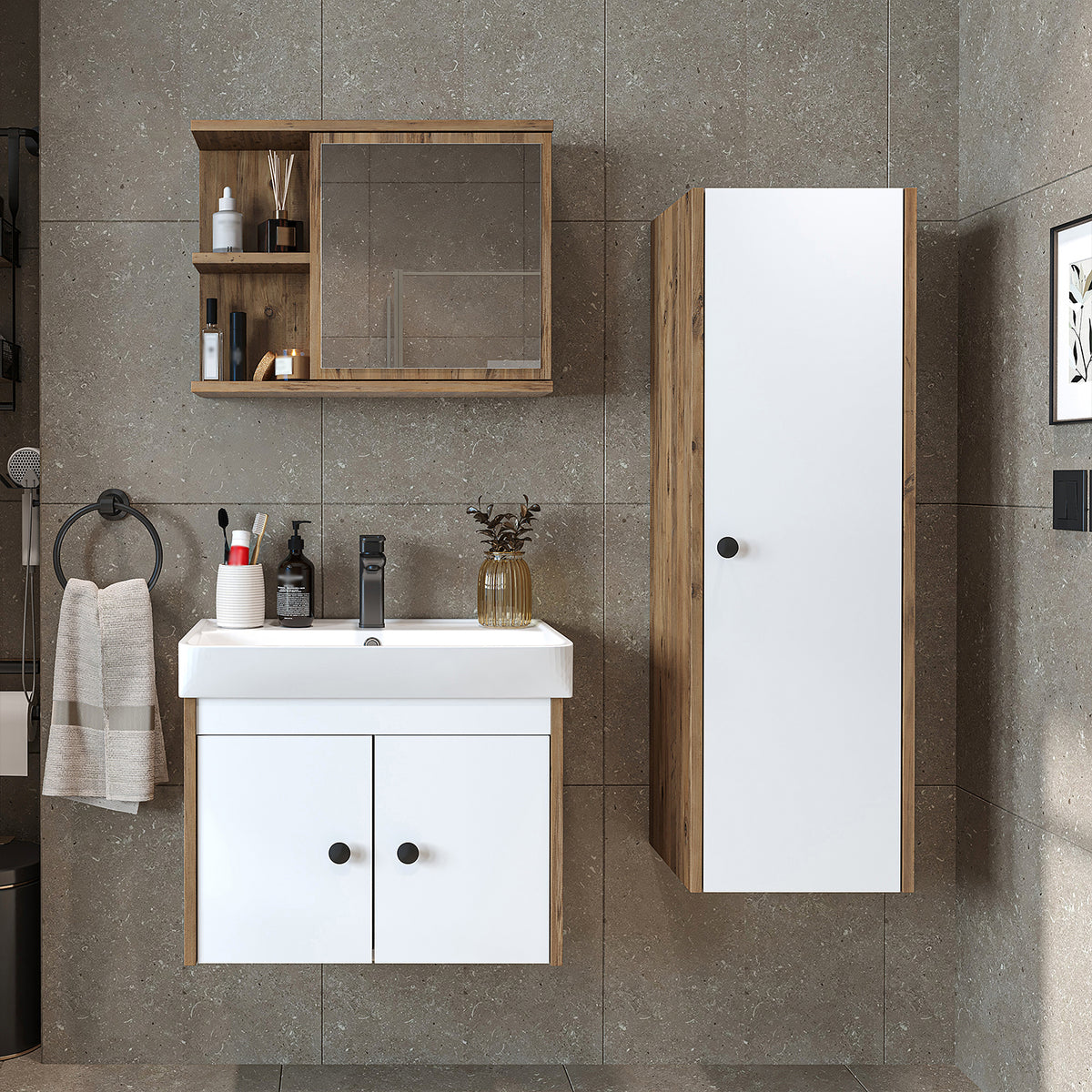 Roomart 4-teiliges Badmöbel-Set ADA, 60 cm, mit Waschbecken und Hochschrank, in 5 Farben