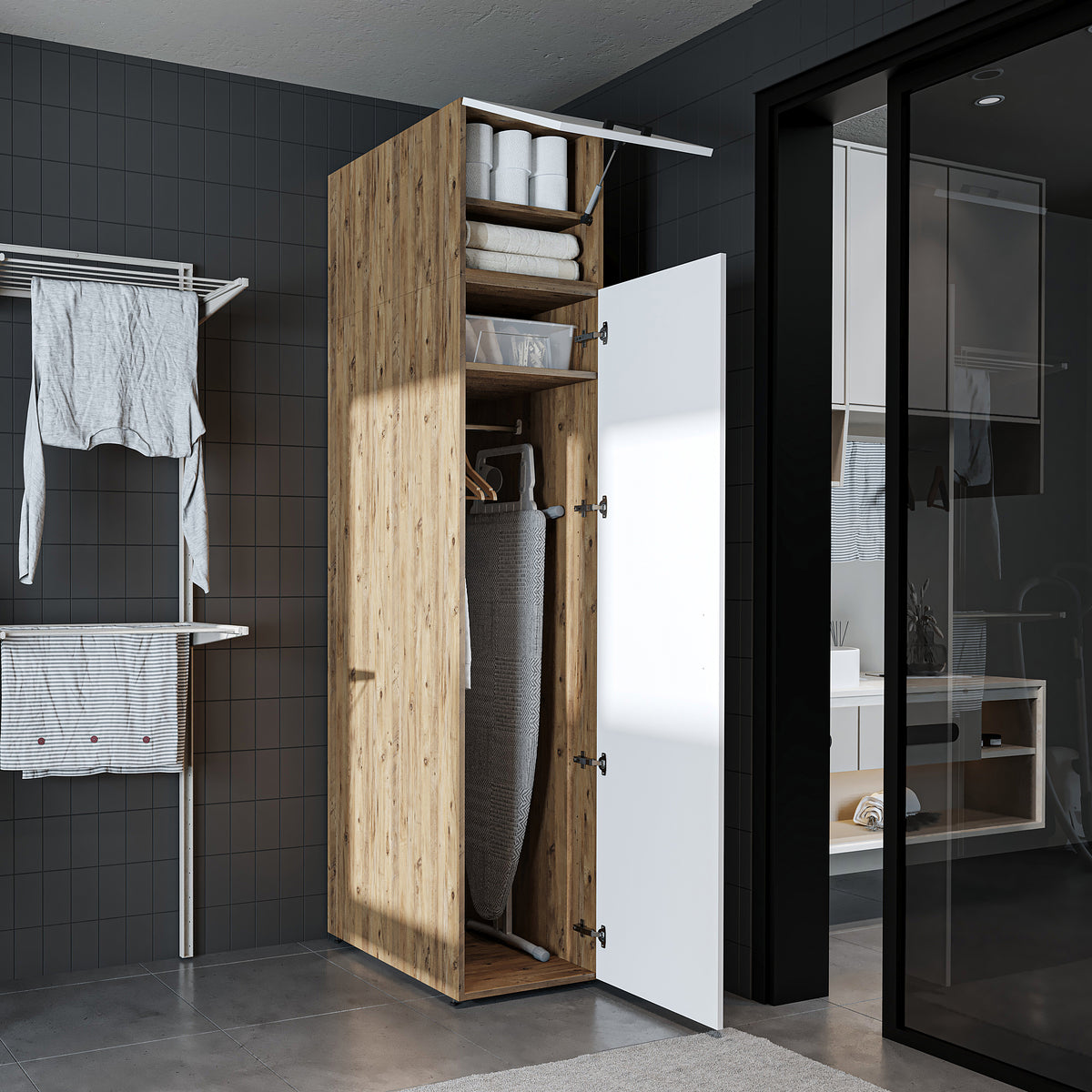 Roomart - DORA Armario alto 45cm ancho - Blanco - Roble blanco - Roble - Roble antracita - armario lavadora, estante lavadora, torre lavadora, armario, blanco, lavadoras, armario bajo, lavadora, secadora, armario hogar, armarios, armario baño, alto