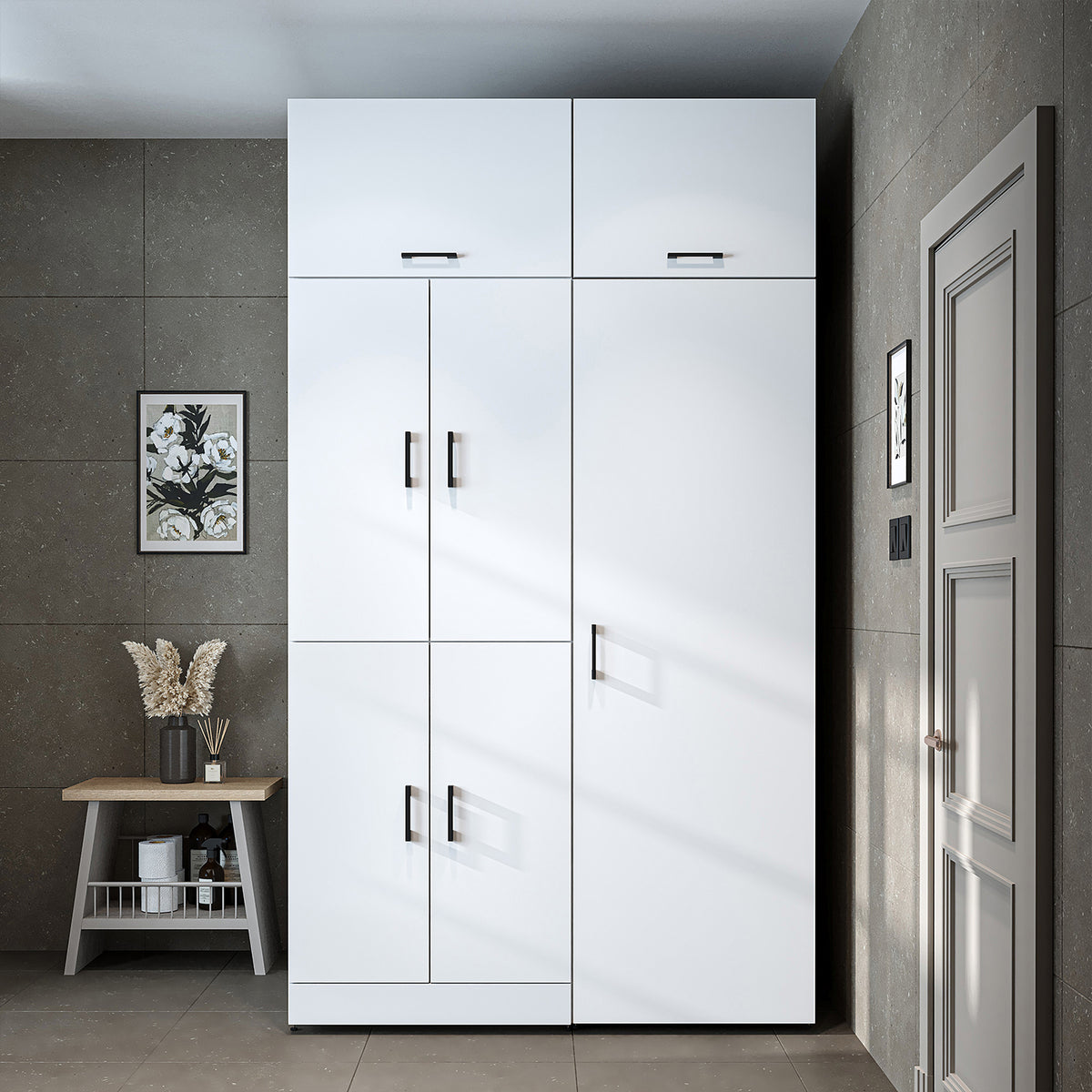 Armadio per lavatrice "DORA SET" per asciugatrice e lavatrice, larghezza 130 cm, in 4 colori, con ante e ripiano estraibile - bianco - rovere bianco - rovere antracite - rovere - armadio per lavatrice, scaffale per lavatrice, torre per lavatrice, armadio, bianco, lavatrice