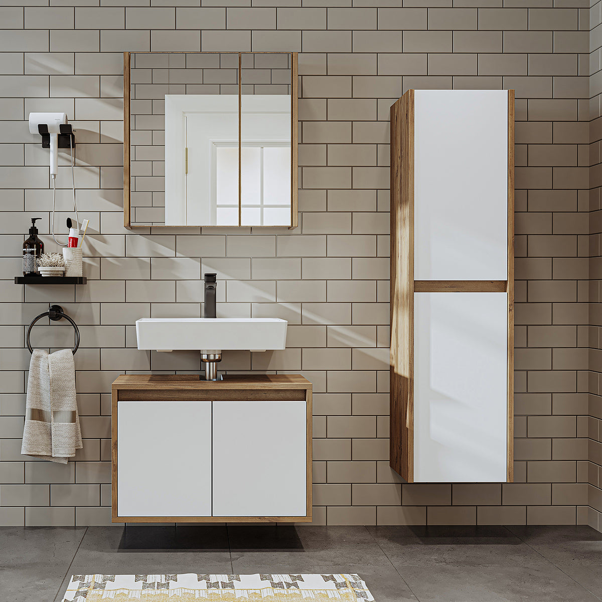 Set di mobili da bagno Roomart MELONA 3 pezzi, in 4 colori, mobiletto da 65 cm - specchiera - colonna - mobili da bagno, set, lavabo, lavatoio, bagno, mobili da bagno, mobili da bagno, mobile da bagno, mobile da lavabo, cm, largo, moderno, lavabo, profondo, con, mobiletto da bagno