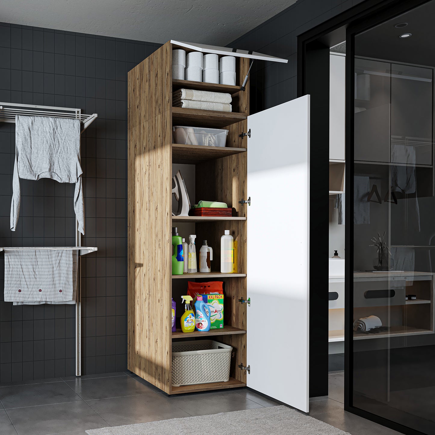 Roomart • DORA Hochschrank 60cm Breit • Weiß • Weiß Eiche • Eiche • Anthracit Eiche - waschmaschinenschrank, waschmaschinenregal, waschturm, schrank, weiß, waschmaschinen, unterschrank, waschmaschine, trockner, haushaltsschrank, schränke, badschrank, hoch