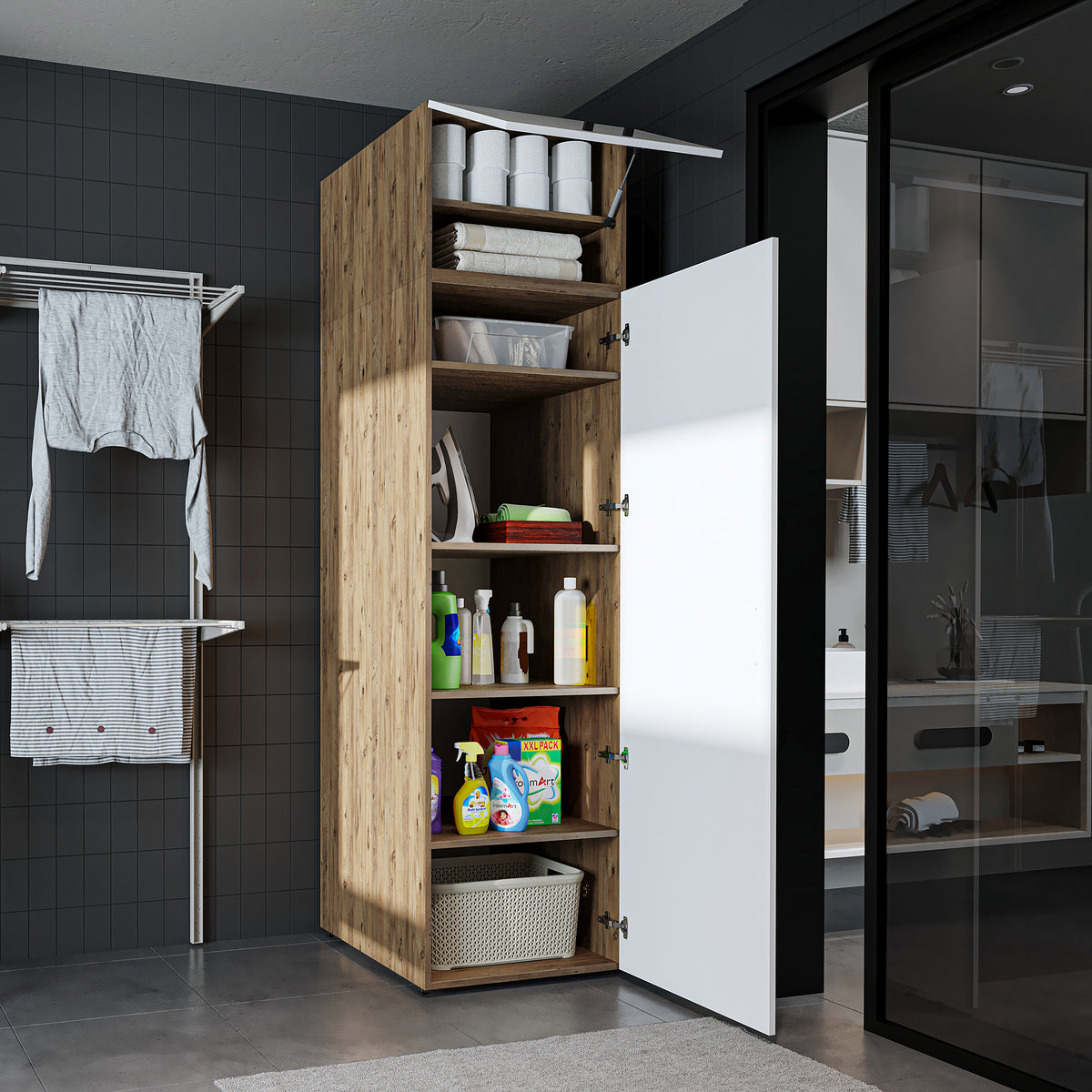 Roomart - DORA Armario Alto 60cm Ancho - Blanco - Roble Blanco - Roble Antracita - armario lavadora, estante lavadora, torre lavadora, armario, blanco, lavadoras, armario bajo, lavadora, secadora, armario hogar, armarios, armario baño, alto