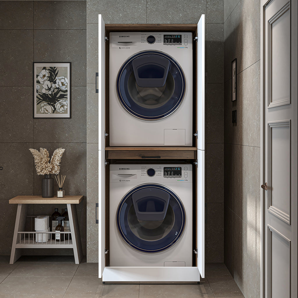 Roomart washing machine cabinet " DORA " for dryer & washing machine, in 4 colors, with doors & pull-out shelf - white - white oak - anthracite oak - oak - washing machine cabinet, washing machine shelf, washing tower, cabinet, white, washing machines, base cabinet,