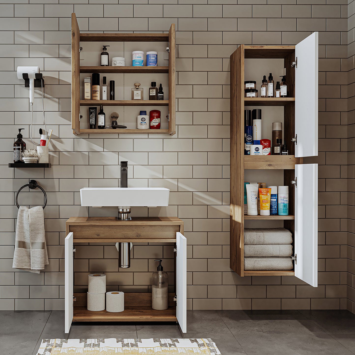 Roomart Badmöbel Set MELONA 3-teilig, in 4 Farben, 65cm Unterschrank • Spiegelschrank • Hochschrank-badezimmerschrank, waschbecken, badezimmermöbel, badschrank, badezimmer, mit, unterschrank, badmöbel, set, waschtisch, möbel, badezimmermãbel, bad, badezim
