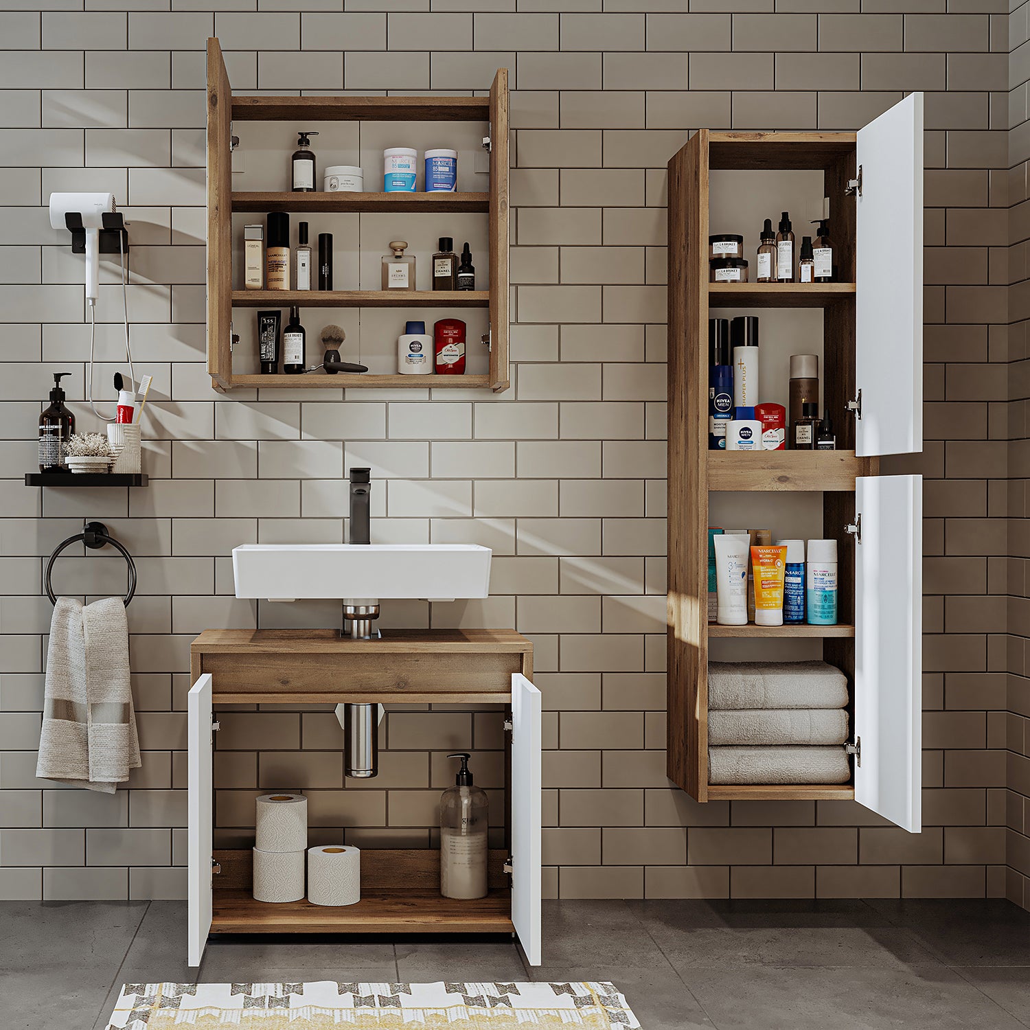 Roomart Badmöbel Set MELONA 3-teilig, in 4 Farben, 65cm Unterschrank • Spiegelschrank • Hochschrank-badezimmerschrank, waschbecken, badezimmermöbel, badschrank, badezimmer, mit, unterschrank, badmöbel, set, waschtisch, möbel, badezimmermãbel, bad, badezim