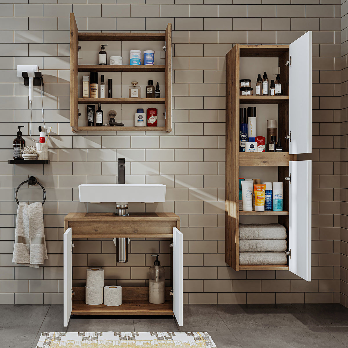 Roomart Badmöbel Set MELONA 3-teilig, in 4 Farben, 65cm Unterschrank • Spiegelschrank • Hochschrank-badezimmerschrank, waschbecken, badezimmermöbel, badschrank, badezimmer, mit, unterschrank, badmöbel, set, waschtisch, möbel, badezimmermãbel, bad, badezim