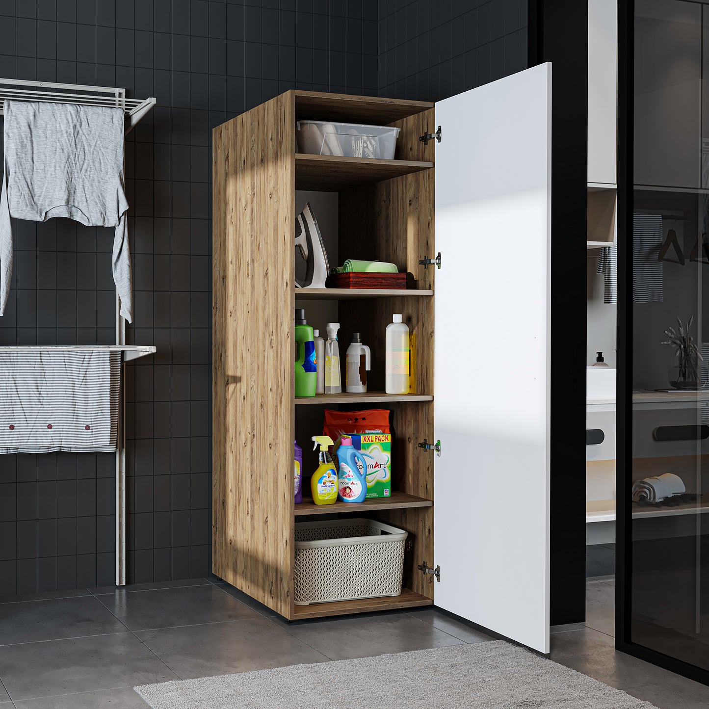 Roomart • DORA Hochschrank 60cm Breit • Weiß • Weiß Eiche • Eiche • Anthracit Eiche - waschmaschinenschrank, waschmaschinenregal, waschturm, schrank, weiß, waschmaschinen, unterschrank, waschmaschine, trockner, haushaltsschrank, schränke, badschrank, hoch