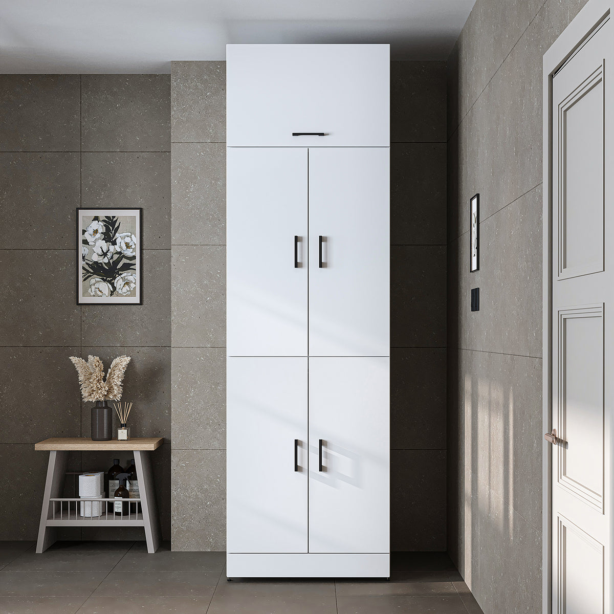 Roomart armario para lavadora " DORA " para secadora y lavadora, en 4 colores, con puertas y estante extraíble - blanco - roble blanco - roble antracita - roble - armario para lavadora, estante para lavadora, torre de lavado, armario, blanco, lavadoras, armario bajo,
