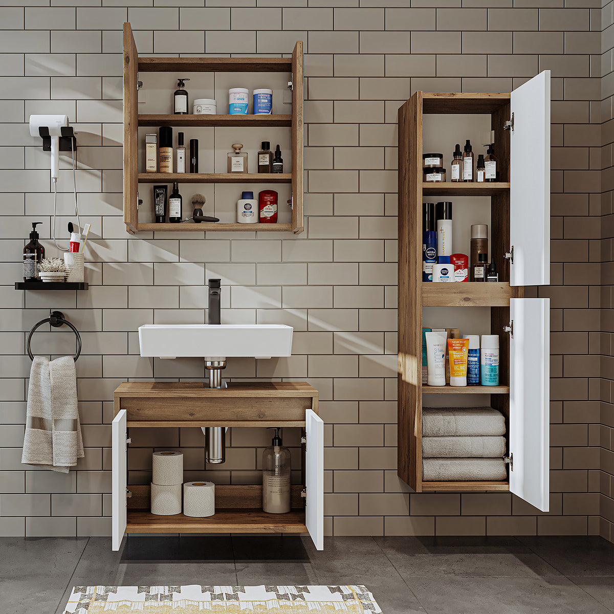 Set di mobili da bagno Roomart MELONA 3 pezzi, in 4 colori, mobiletto da 65 cm - specchiera - colonna - mobili da bagno, set, lavabo, lavatoio, bagno, mobili da bagno, mobili da bagno, mobile da bagno, mobile da lavabo, cm, largo, moderno, lavabo, profondo, con, mobiletto da bagno