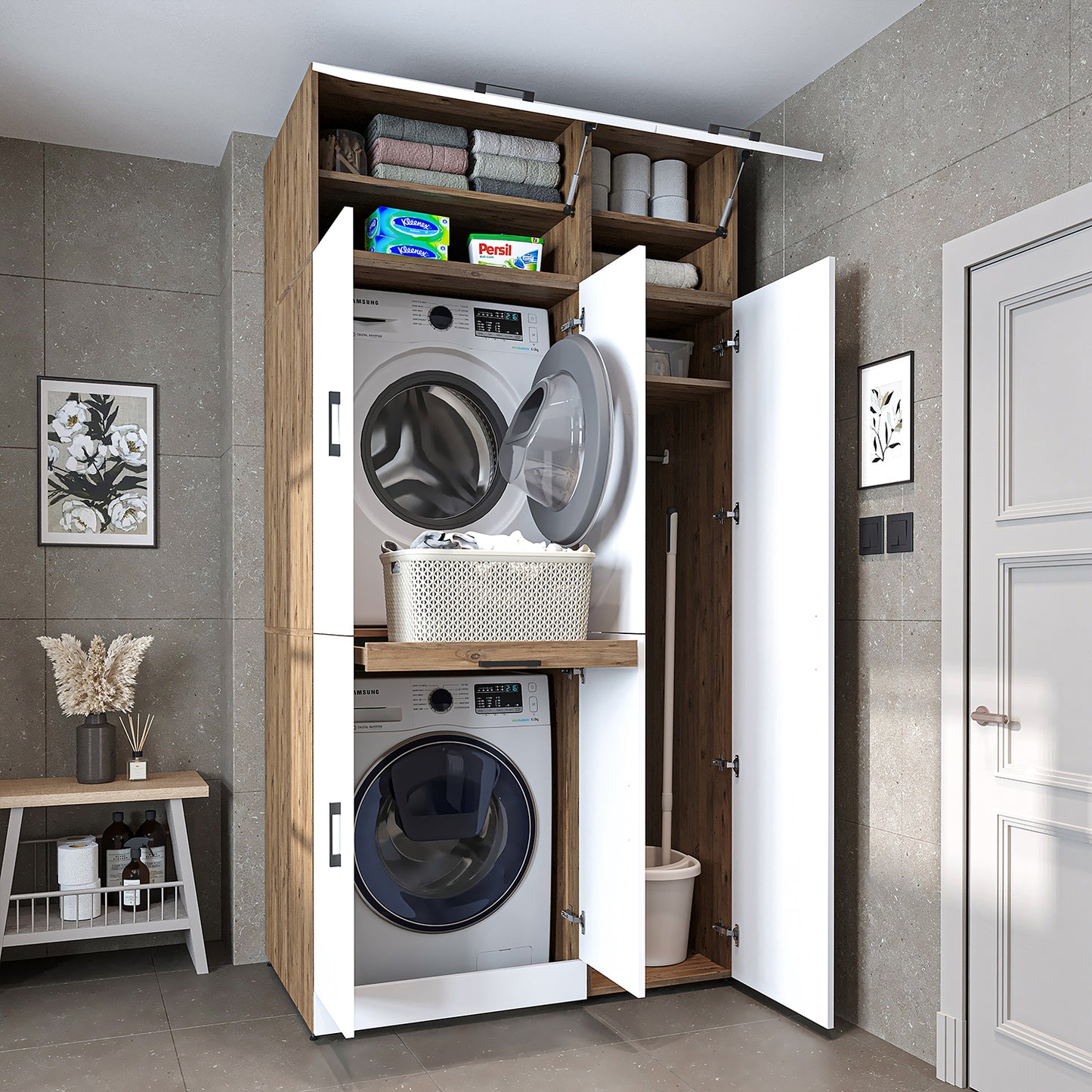 Roomart Waschmaschinenschrank " DORA SET" für Trockner & Waschmaschine, 115 cm breit, in 4 Farben, mit Türen & Ausziehbrett • Weiß • Weiß Eiche • Anthrazit Eiche • Eiche - waschmaschinenschrank, waschmaschinenregal, waschturm, schrank, weiß, waschmaschine