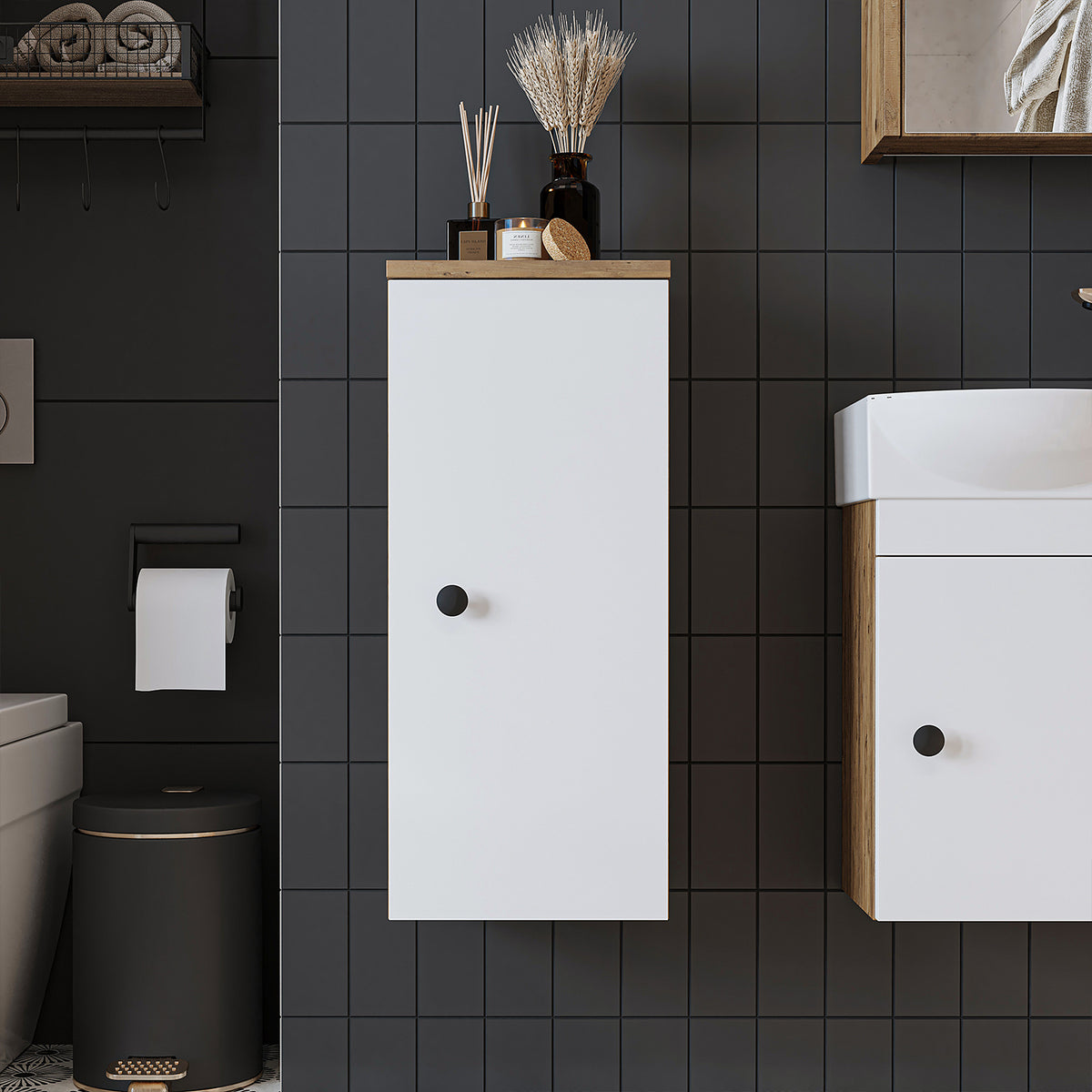Roomart Seitenschrank „Punto“ – moderner, kompakter 70 cm Bad-Hängeschrank mit Softclose – in Weiß, Weiß-Eiche, Eiche oder Anthrazit-Eiche - Hängeschrank, wand, hochschrank, hochschrank weiß, 60 cm breit, küche, waschküche, wohnzimmer, schmal, 40 cm brei
